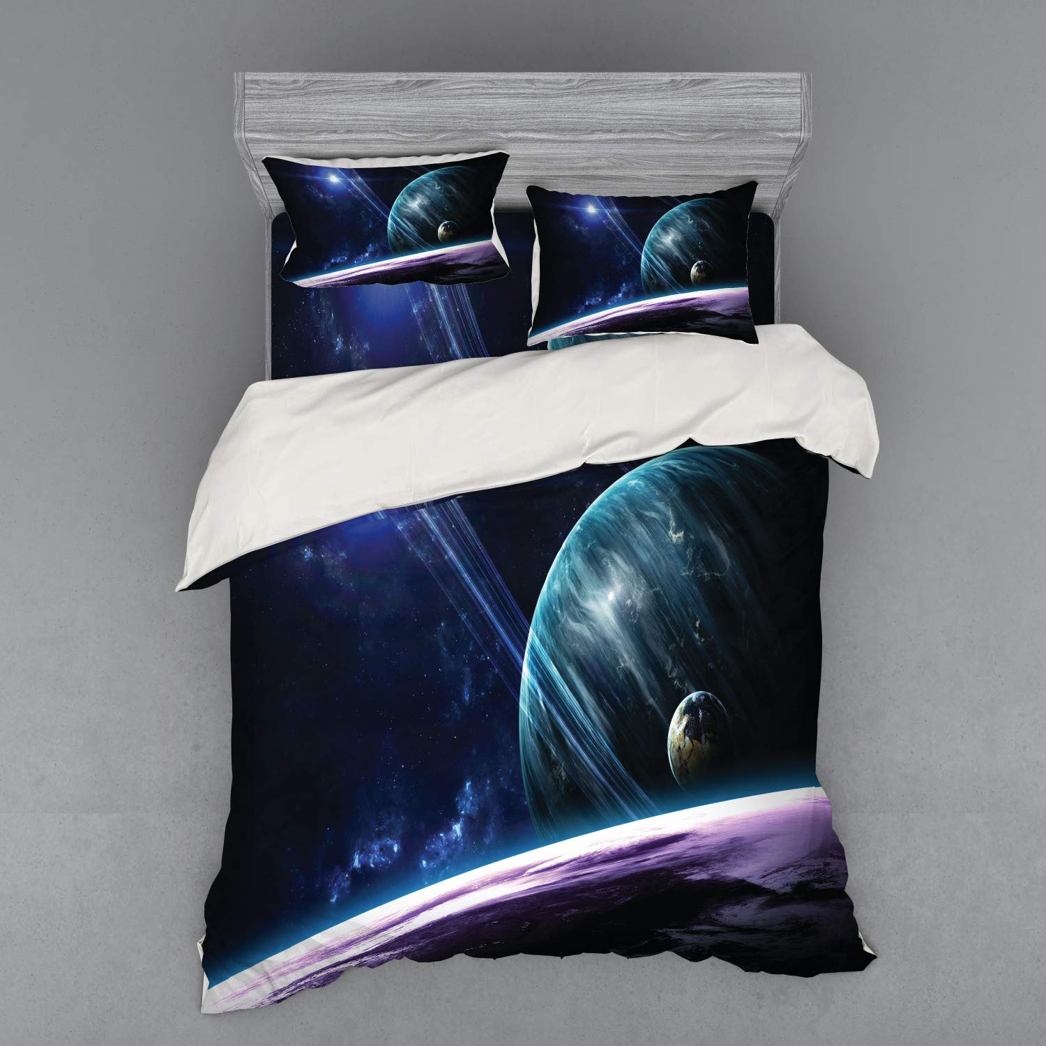 Ambesonne Galaxy Duvet Cover Set - Queen Size 4-Piece Bedding with Planets & Stars Print, Blue Purple Space Theme for Astronomy Lovers | Perfect for Kids Rooms, Dorm Decor & Celestial Themed Bedrooms