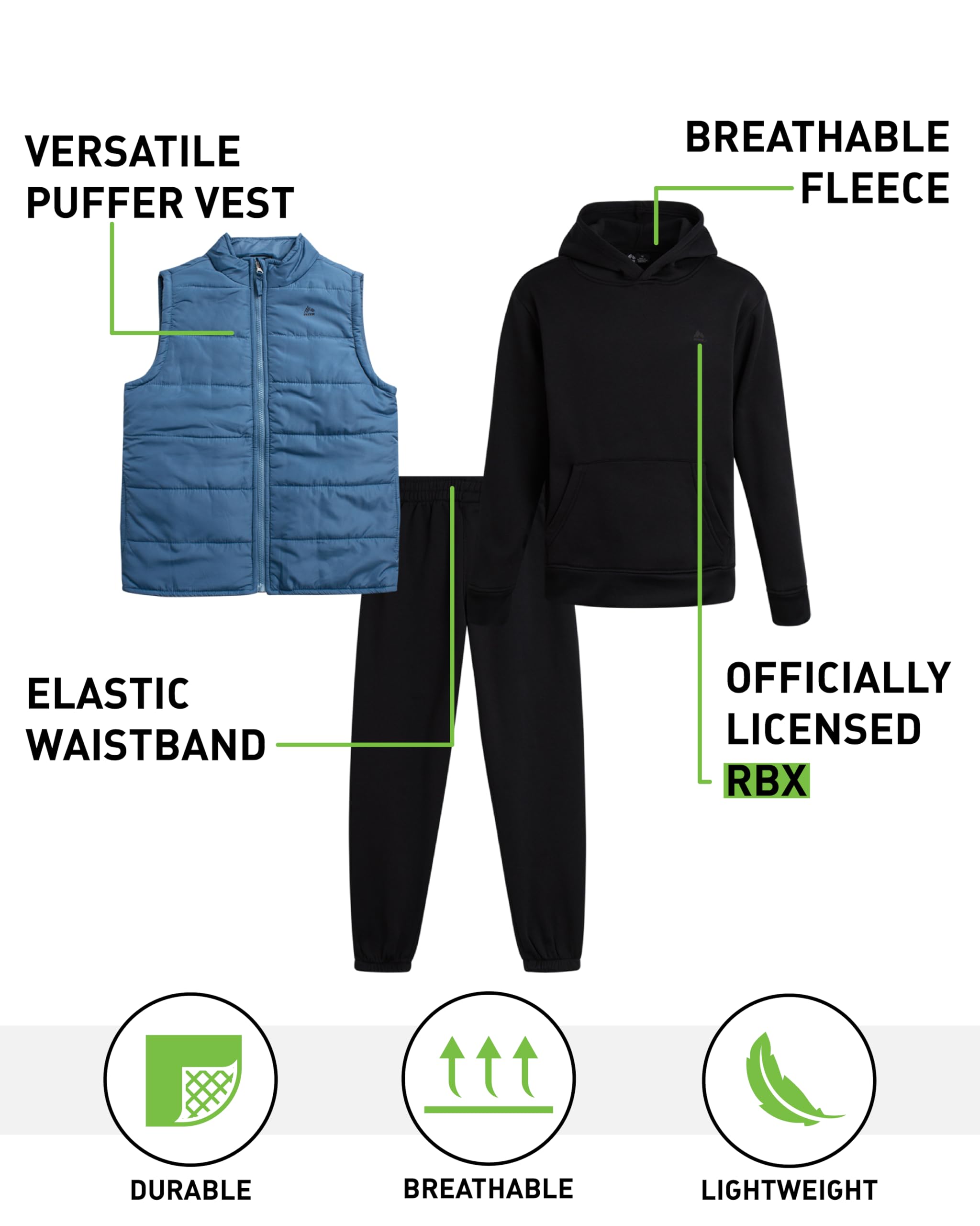RBX Boys' 3-Piece Winter Jogger Set - Fleece Hoodie, Jogger Pants & Puffer Vest - Warm Active Tracksuit for Kids Ages 4-12 - Perfect for School, Playdates & Outdoor Activities