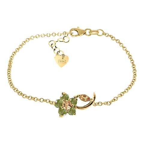 14K Solid Gold Flower Bracelet with 0.87 Carat Citrine & Peridot Gemstones - Elegant Galaxy Gold GG Jewelry for Women - Perfect for Weddings, Parties & Special Occasions