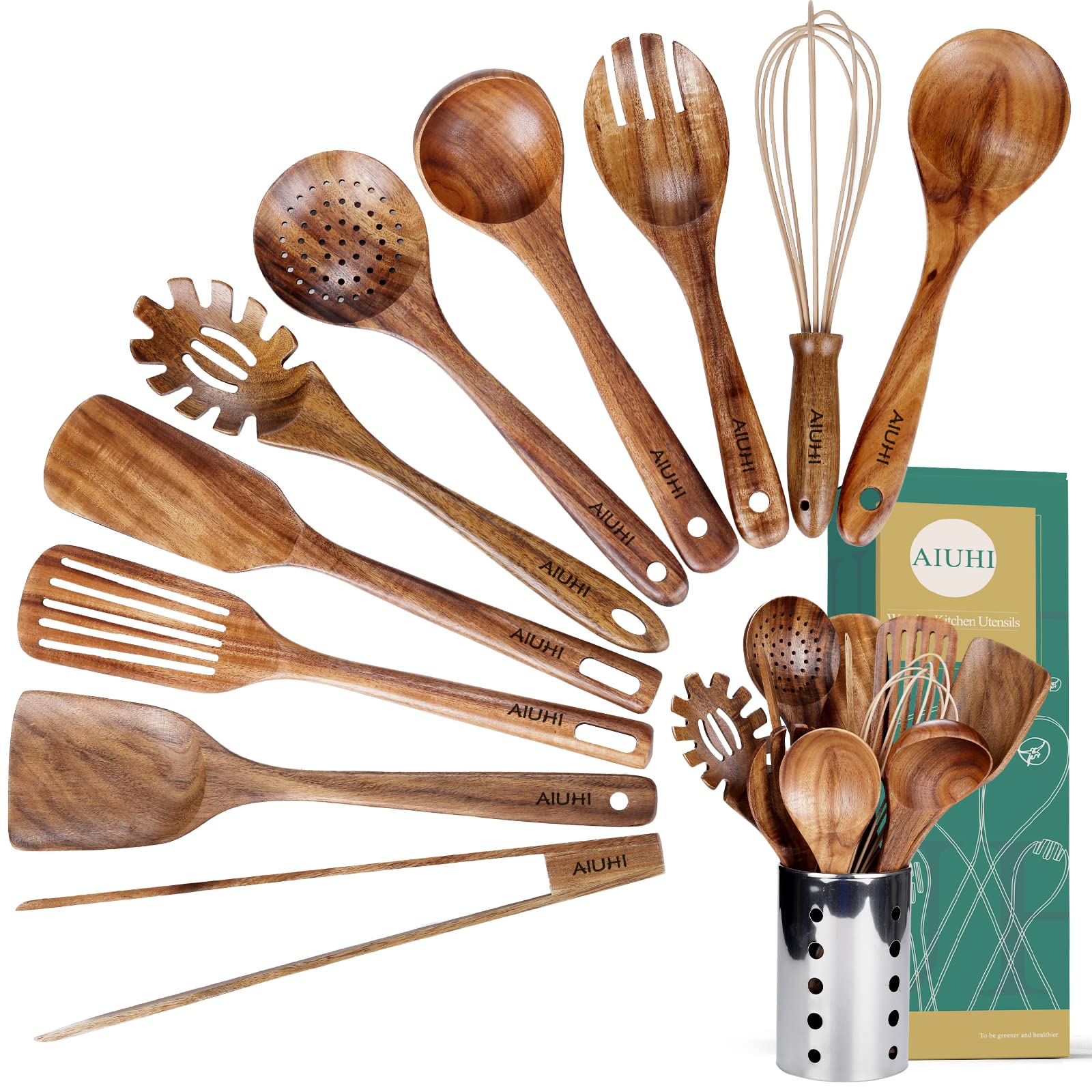 Premium Teak Wood Kitchen Utensil Set with Holder - 11-Piece Natural Wooden Cooking Tools Including Spatula, Ladle & Spoons - Ideal for Sauteing, Baking & Non-Stick Cookware