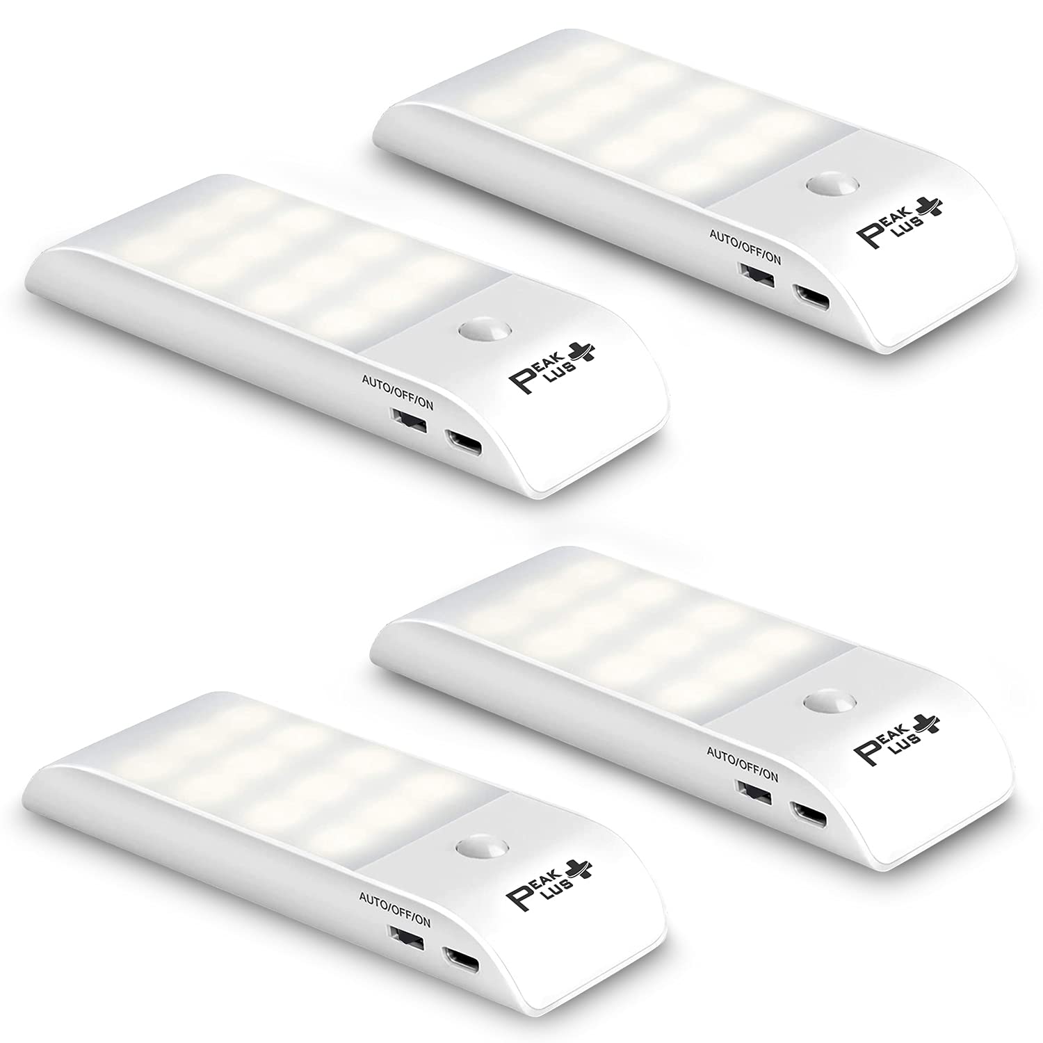 PeakPlus LED Closet Lights Motion Activated - Wireless Rechargeable Under Cabinet Lighting with Motion Sensor - Battery Powered LED Light Strips for Closet, Hallway, Stairs (4 Pack) - Perfect for Home, Office, and Dark Spaces