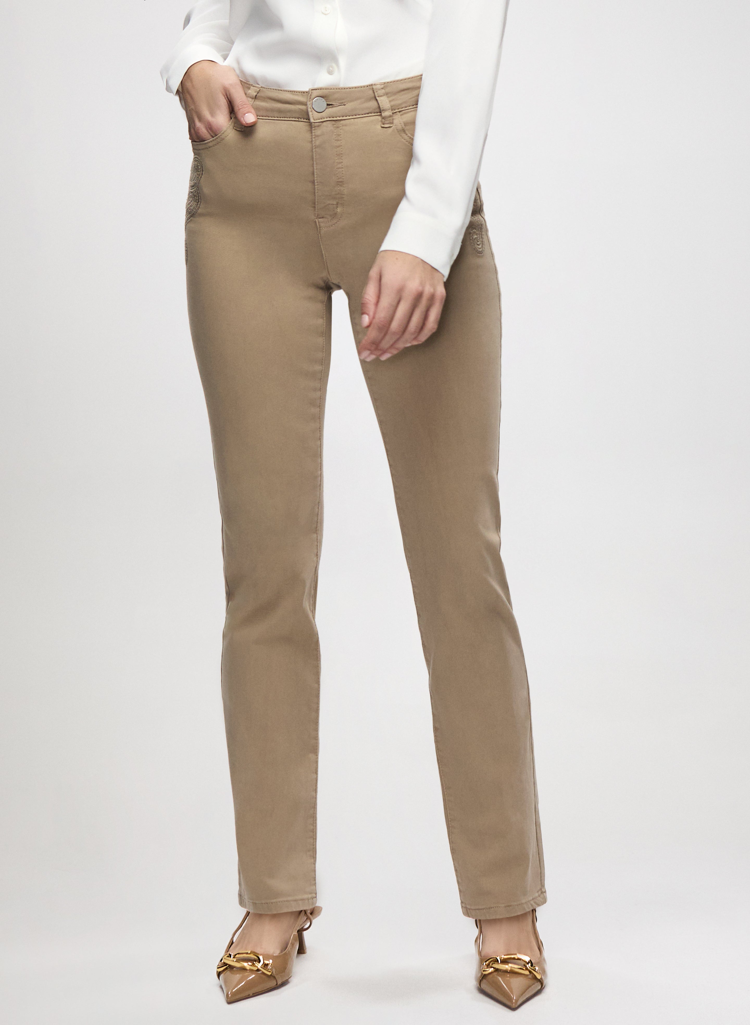 Embroidered Straight Leg Denim Pants for Women - High Waist Stretch Jeans with Floral Design | Casual & Office Wear