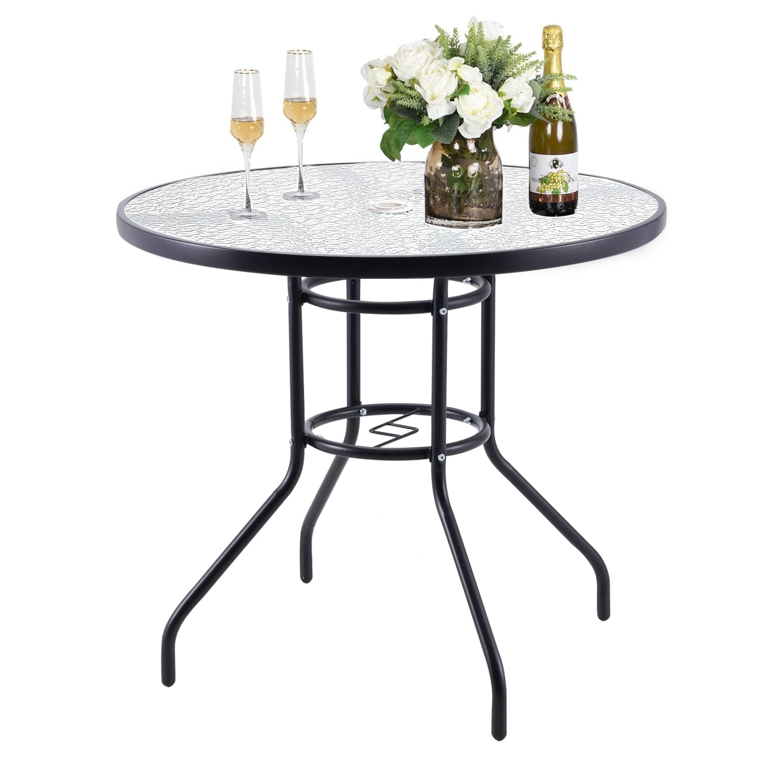 32'' Outdoor Patio Bistro Table with Tempered Glass Top & Umbrella Hole - Steel Frame Garden Furniture for Backyard, Balcony, Lawn - Perfect for Outdoor Dining, Coffee & Party Gatherings