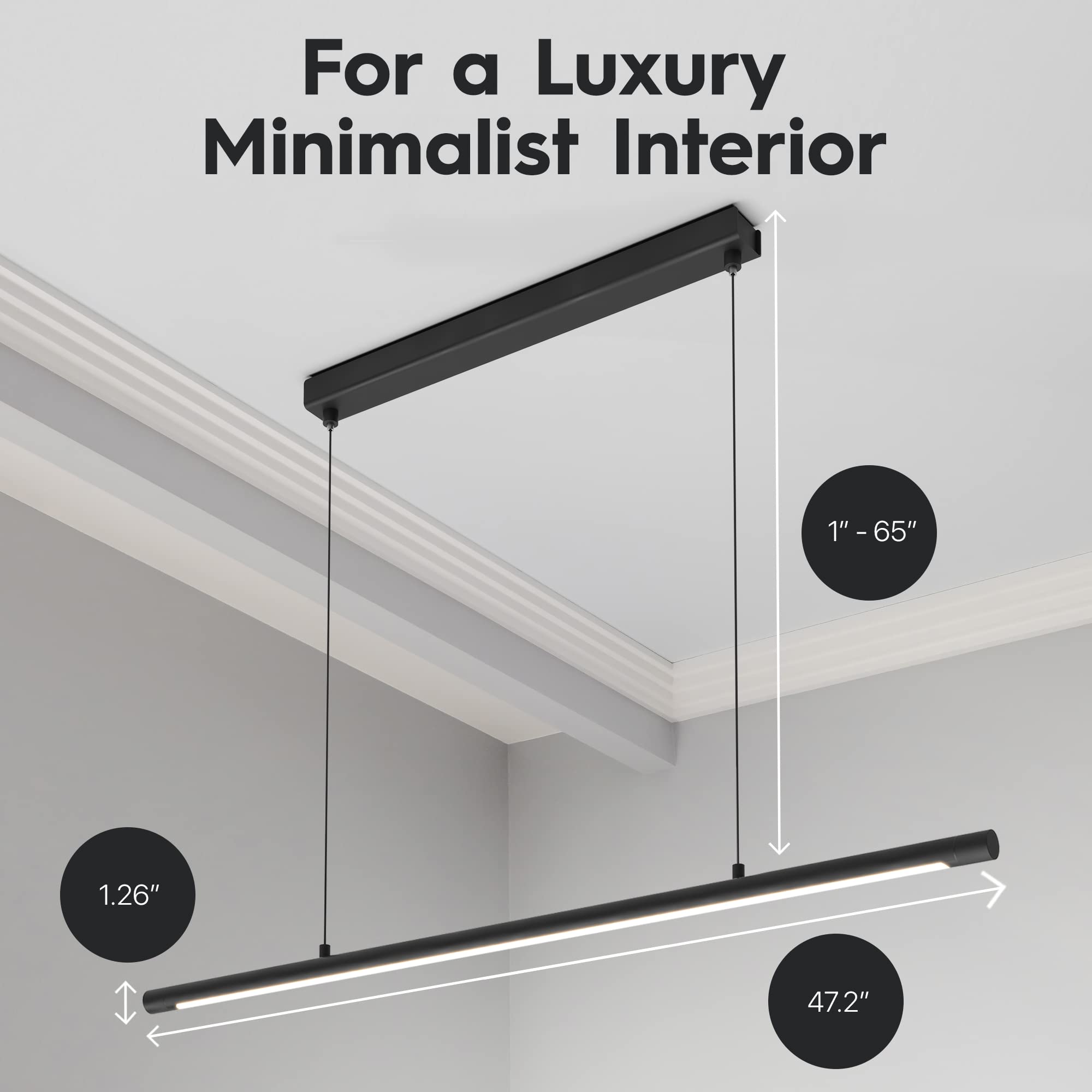 Modern Black LED Linear Pendant Light - 20W 3000K Warm White, Flicker-Free Office Lighting, Non-Dimmable Ceiling Fixture for Bedroom, Dining Room & Kitchen Island (47.2