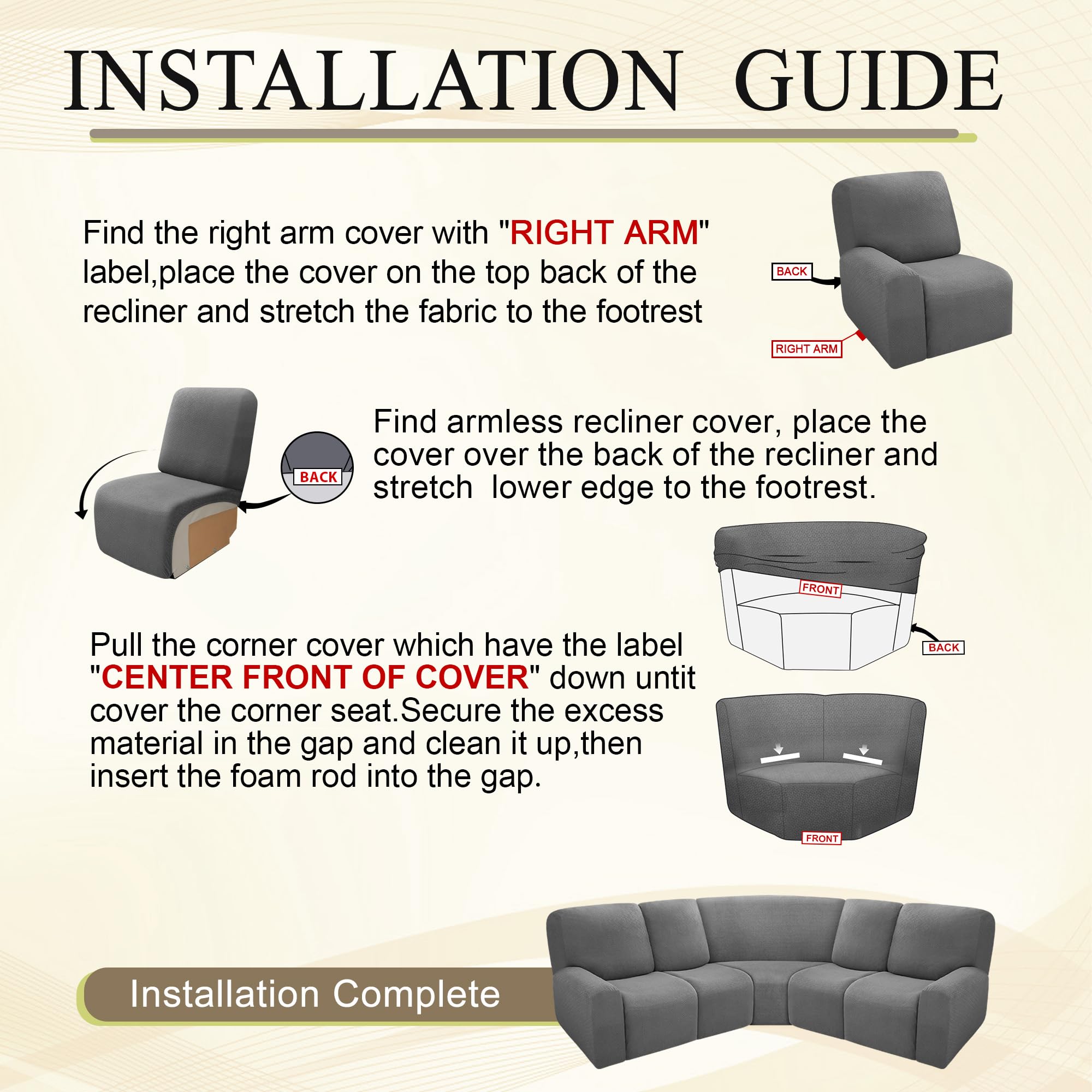 100% Waterproof Reclining Sectional Couch Cover - 5-Piece L-Shaped Stretch Fleece Sofa Slipcover - Washable, Non-Slip Corner Protector for Recliners (5-Seat, Gray) - Perfect for Pets, Kids & Spill Protection in Living Rooms