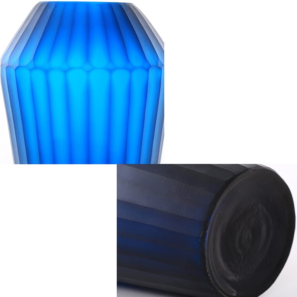 Luxury Blue Carved Glass Vase - Elegant Home Decor for Living Room, Desktop Flower Arrangement, Hotel Decoration | Vertical Pattern Design, Perfect for Weddings, Dining Tables & Centerpieces (Size A)