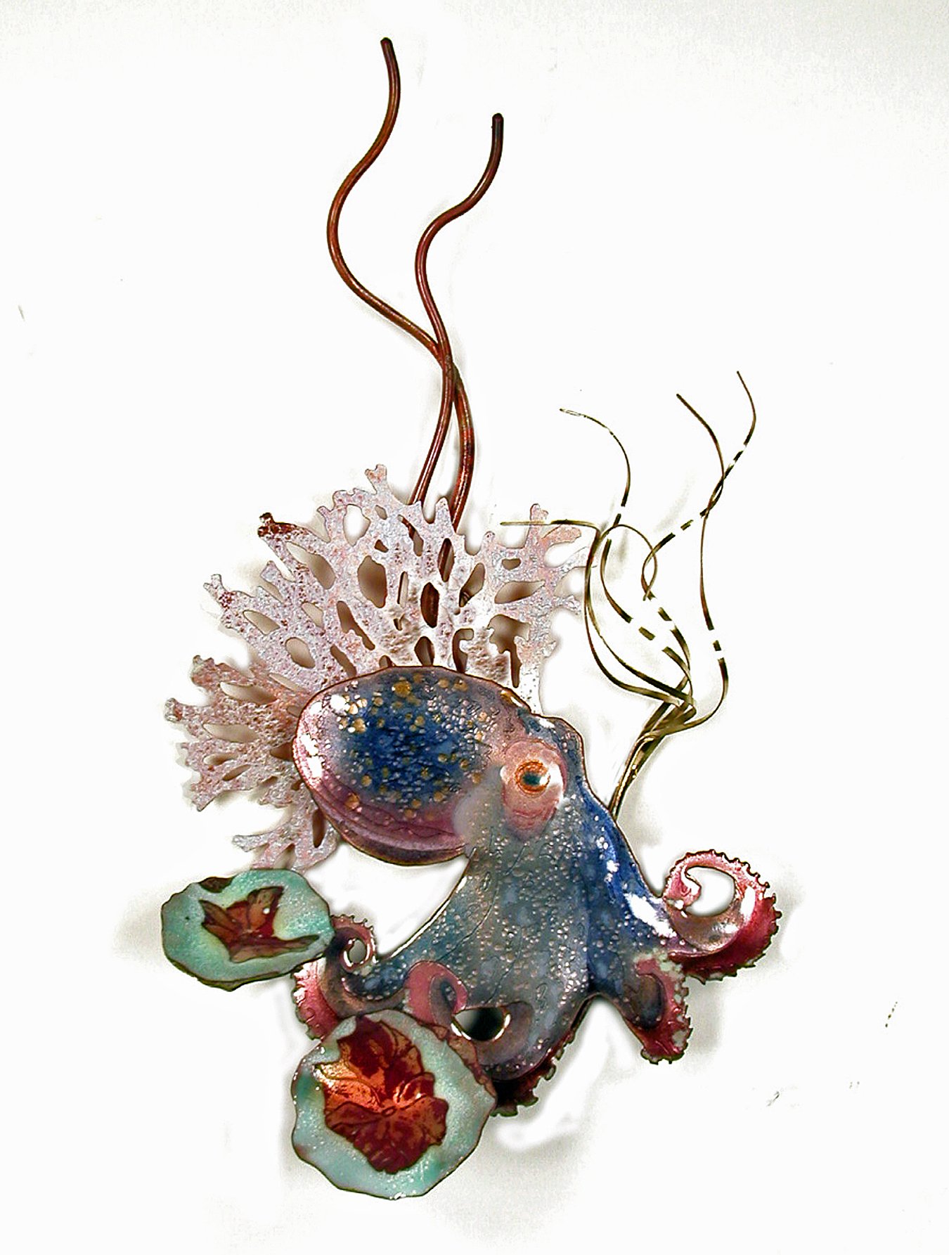 Octopus with Coral & Sea Grass Metal Wall Sculpture - Nautical Wall Art Decor for Beach House, Living Room & Office