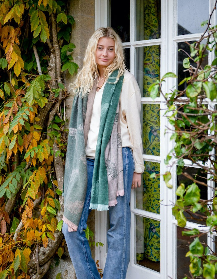 Stylish Forest Green to Dusky Pink Leaf Embossed Scarf - Soft Womens Fashion Accessory for Fall Outfits, Winter Layering & Boho Chic Looks