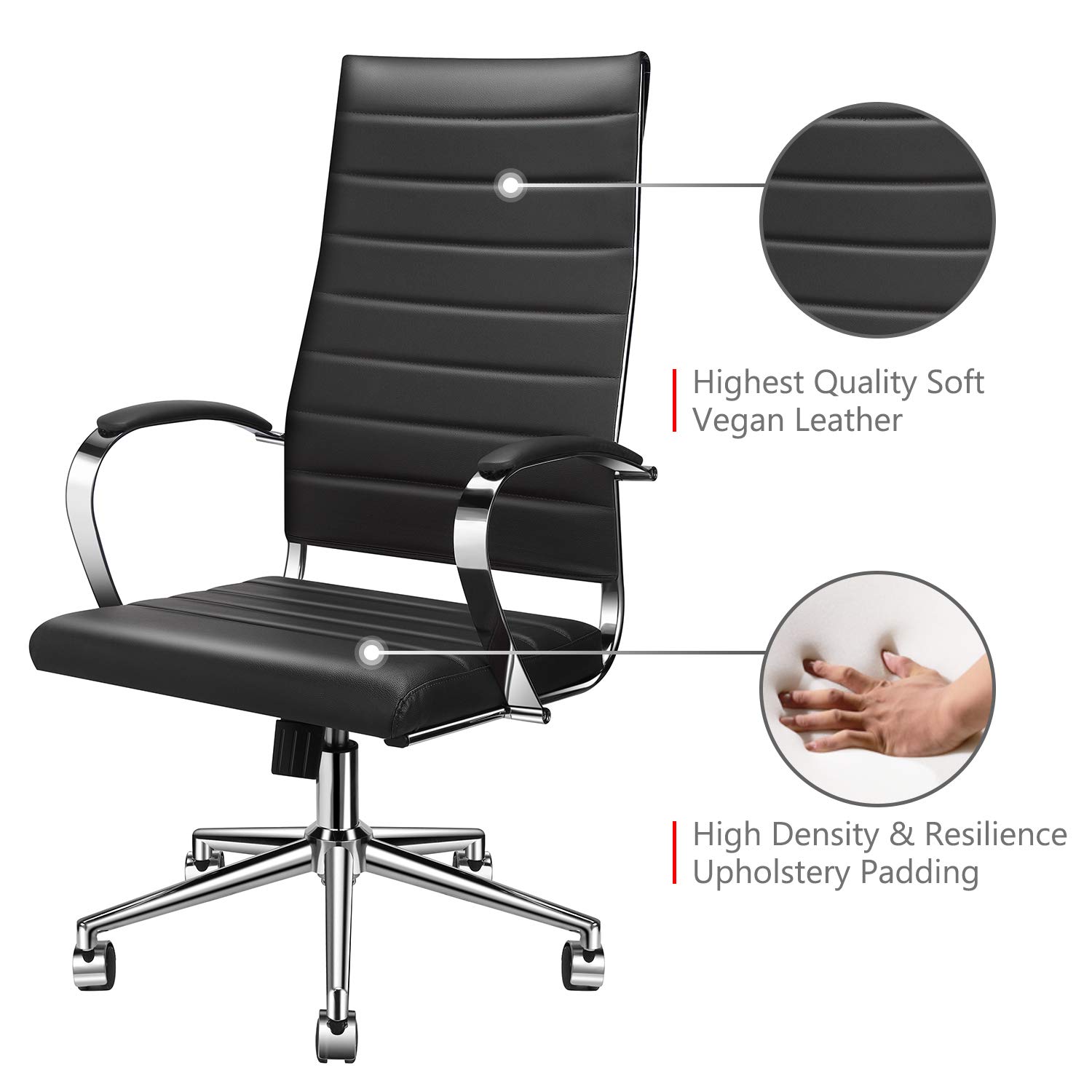 Ergonomic Office Chair with Adjustable Height & Swivel - High Back Vegan Leather Desk Chair with Lumbar Support & Armrests - Perfect for Home Office, Gaming & Workspace (Black)