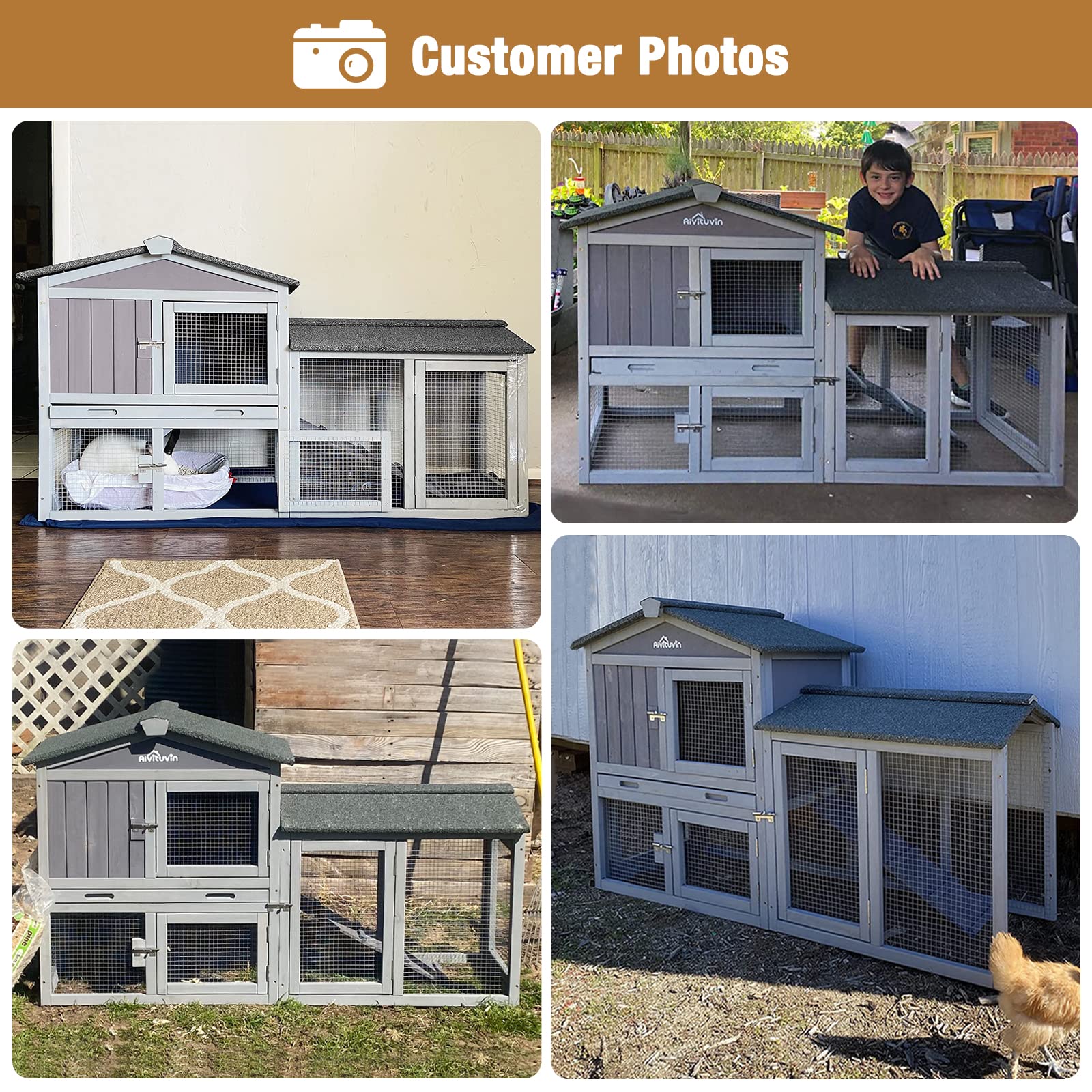 57 Inch Wooden Rabbit Hutch with Pull-Out Tray & Large Run - Indoor/Outdoor Bunny Cage, Guinea Pig House & Chicken Coop - Perfect for Backyard, Garden or Patio Use (Grey, 57