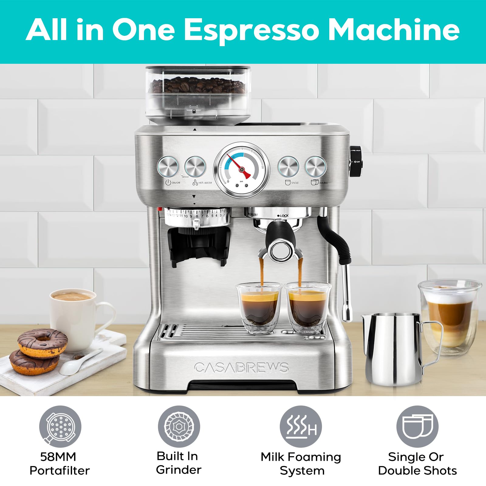 CASABREWS Professional Espresso Machine with Built-in Grinder & Milk Frother - Barista-Style Coffee Maker for Cappuccino, Latte & Macchiato - Perfect for Home, Office & Coffee Shop Use