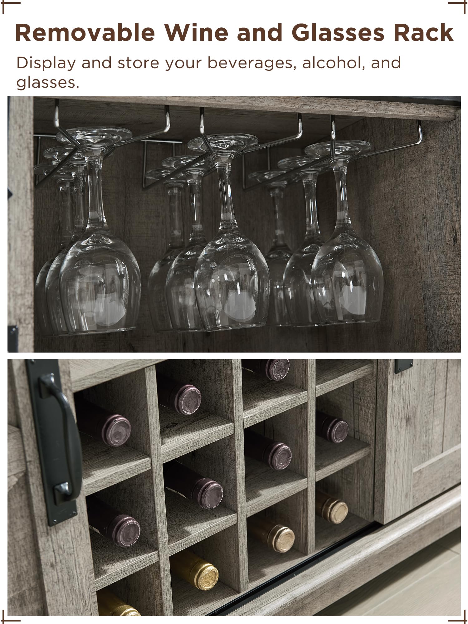 Farmhouse Wine Bar Cabinet with Sliding Barn Door - 54 Inch Rustic Kitchen Coffee Bar with Wine Rack, Glass Storage, 3 Drawers & Shelves - Light Oak Buffet Sideboard for Dining Room, Living Room & Home Entertaining