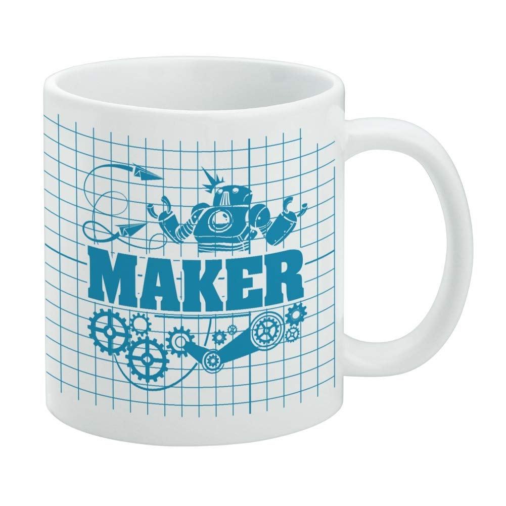 Robot and Gears Ceramic Coffee Mug - 11oz White Novelty Gift for Coffee, Tea & Hot Drinks - Perfect for Office Use, Engineer Gifts & STEM Enthusiasts