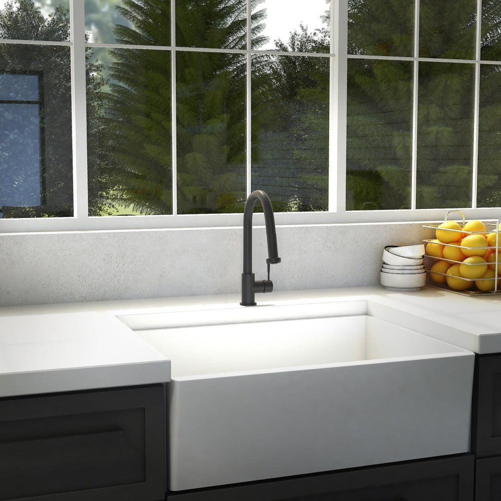 ZLINE Monet Matte Black Pull Down Single Handle Kitchen Faucet - Modern High Arc Design for Easy Cleaning | Perfect for Farmhouse, Commercial & Residential Kitchens (MON KF MB)