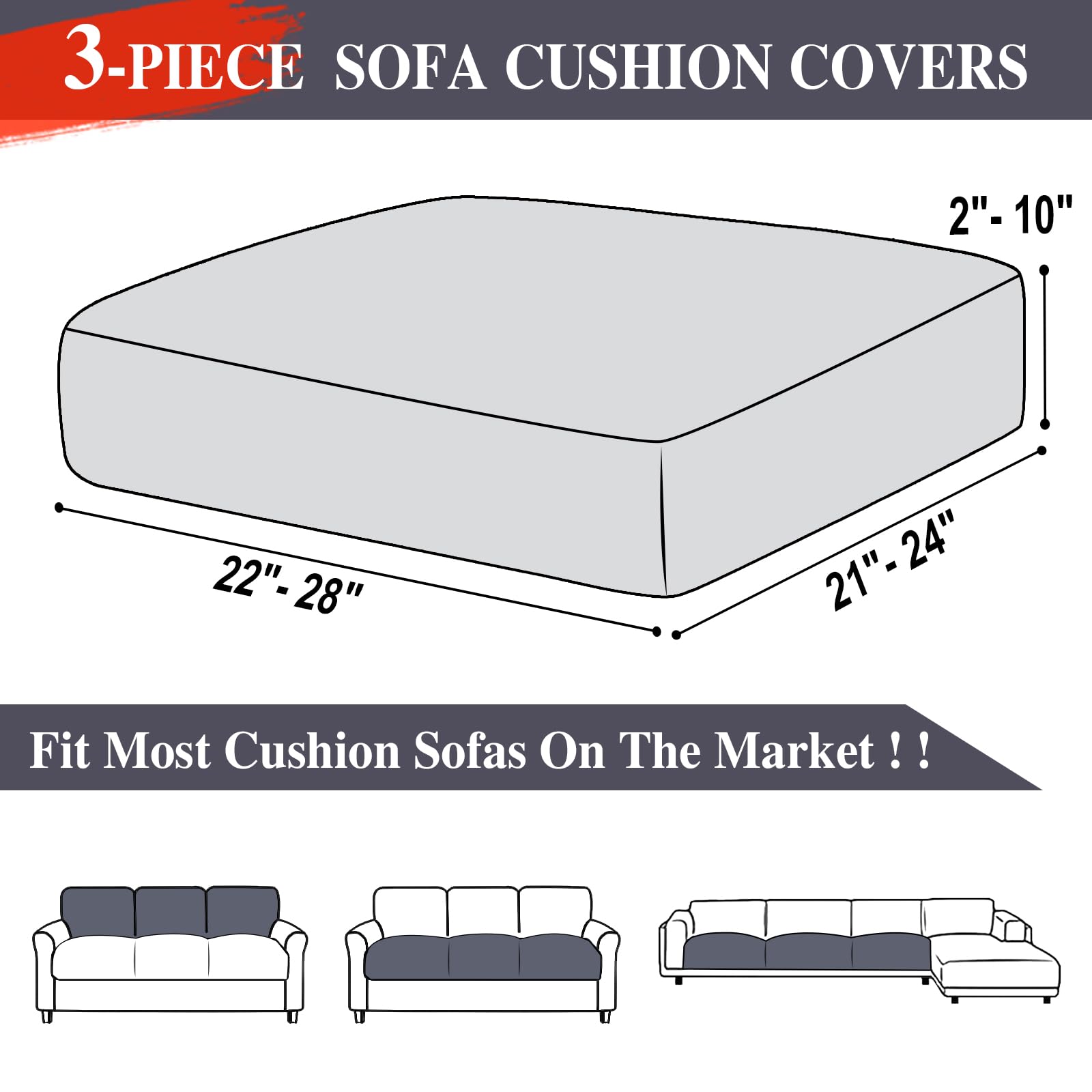 Stretch Sofa Slipcovers - 3-Piece Sectional Couch Cushion Covers with Elastic Edges, Dark Grey Furniture Protector for Living Room, Family Room & Home Decor