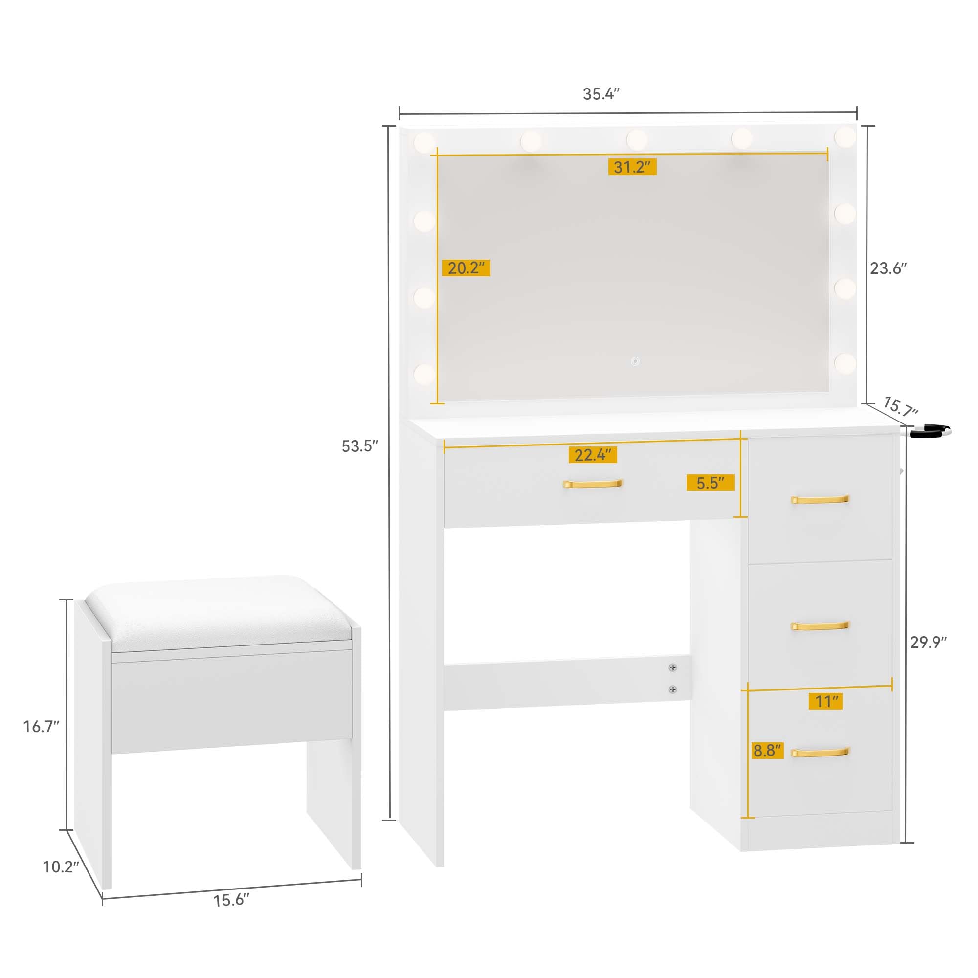 DWVO Makeup Vanity with LED Lighted Mirror, Vanity Desk with Power Strip & Adjustable Brightness, 4 Storage Drawers & Cushioned Stool - Perfect for Home Beauty Salon, Dressing Room & Bedroom Decor