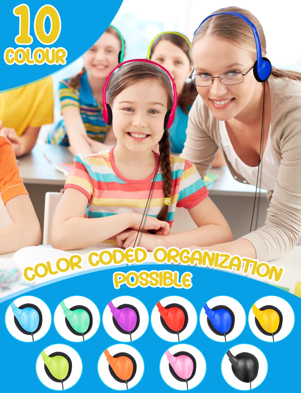 Bulk Classroom Headphones 15-Pack - Durable School Headphones for Students & Kids with 3.5mm Jack - Compatible with Chromebook, Laptop, PC & Computer - Mixed Colors (A) - Perfect for Online Learning, Language Labs & Computer Classes