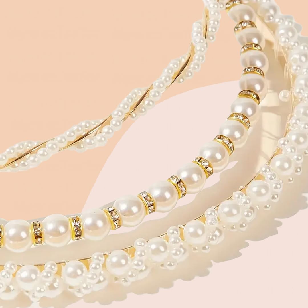 Myra Collection 3-Piece White Pearl Gold Headband Set - Elegant Hair Accessories for Women & Girls | Perfect for Weddings, Parties & Everyday Wear