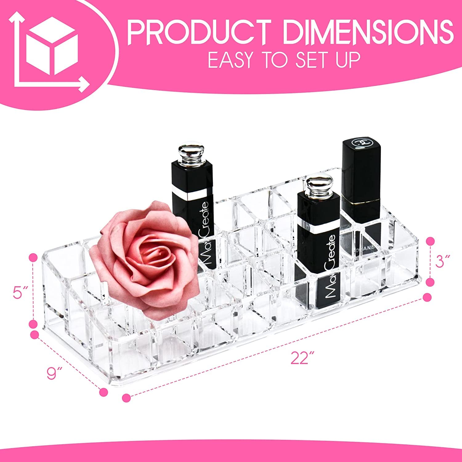 XIVUMN Acrylic Lipstick Holder - 24 Compartment Clear Makeup Organizer for Lip Gloss, Balm, Mascara, Brushes & Skincare - Multipurpose Vanity Storage Case | Perfect for Bathroom Counter, Dresser Top & Beauty Salon Display