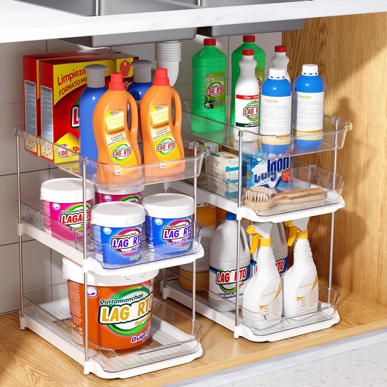 Delamu 2-Pack 3-Tier Under Sink Organizer Set - Stackable Bathroom & Kitchen Storage with Adjustable Dividers - Clear Pull-Out Cabinet Organizer for Pantry, Bathroom & Closet Organization (Perfect for Small Spaces & Home Organization)