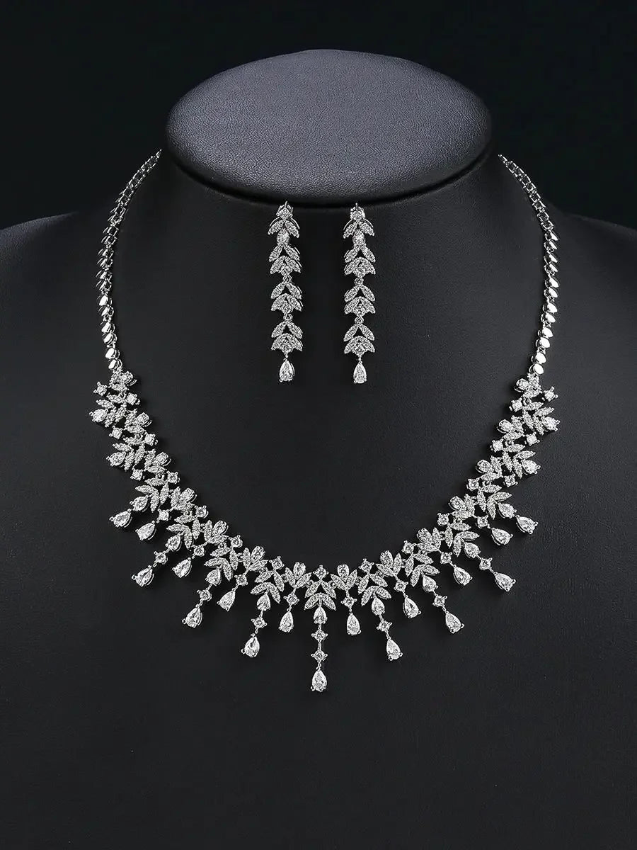 Elegant Leaf and Water Drops Necklace Earrings Set for Women - Luxury Bridal Jewelry Set with White Zirconia - Perfect for Weddings, Dubai Parties & Special Occasions - CN11203