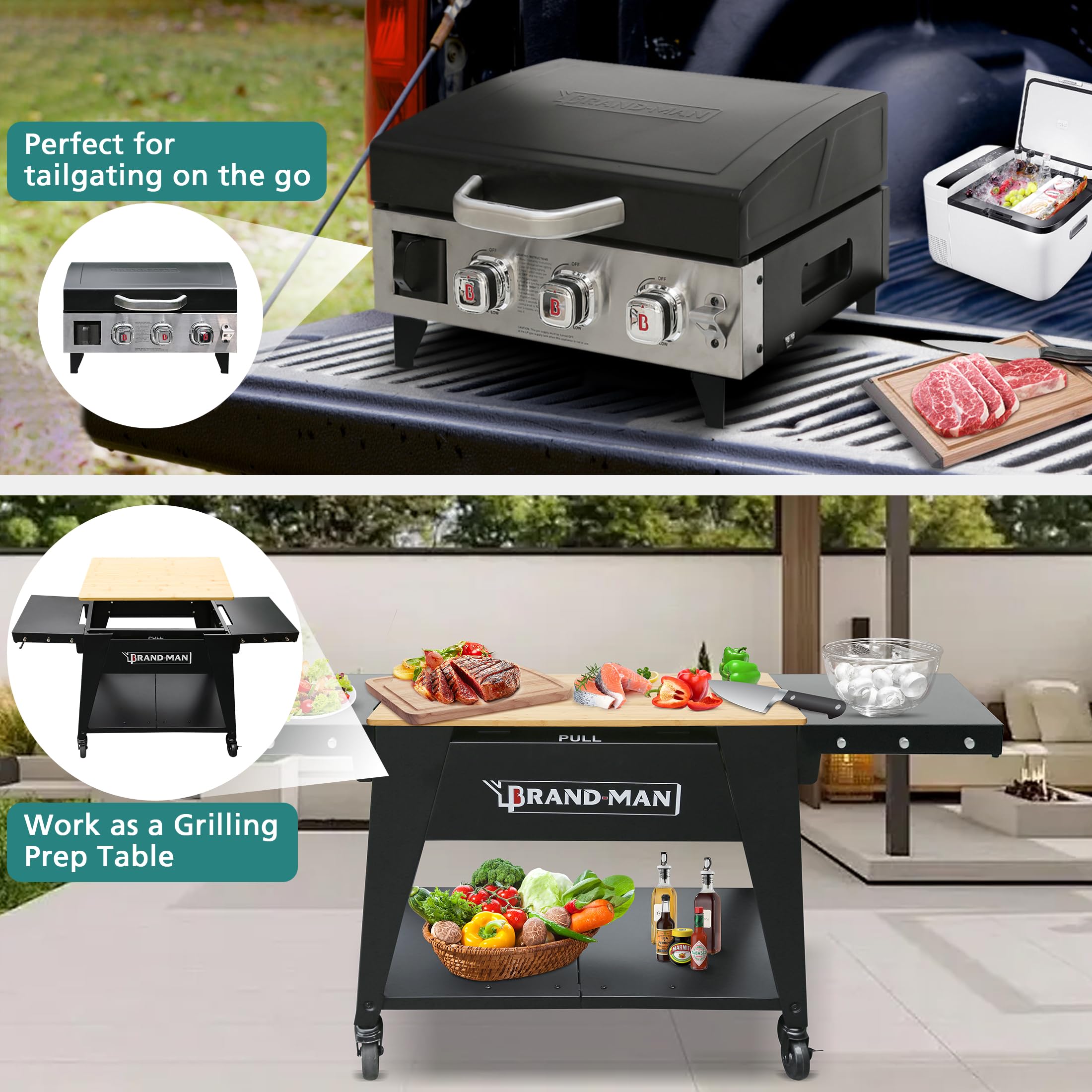 **Brand-Man 3-Burner Propane Griddle – 28,000 BTU Flat Top Gas Grill with Lid, Folding Side Tables, Warming Rack & Rolling Cart – Perfect for Outdoor BBQ, Camping, Tailgating, and Backyard Cooking**