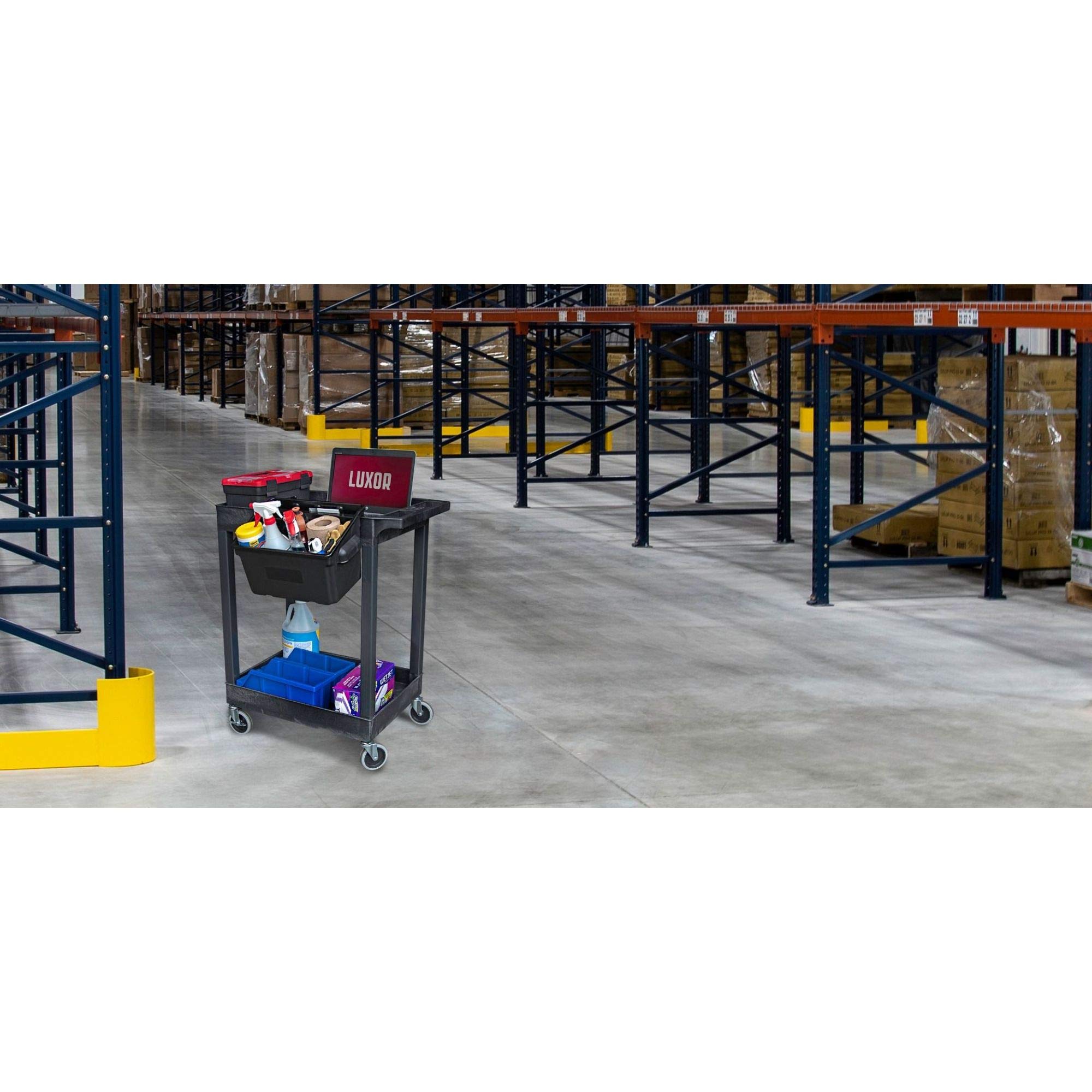 LUXOR SEC11-B-OUTRIG 24x18 Inch Heavy Duty Plastic Utility Cart with 2 Shelves & Outrigger Bins - Perfect for Commercial Kitchens, Restaurants, and Industrial Workspaces