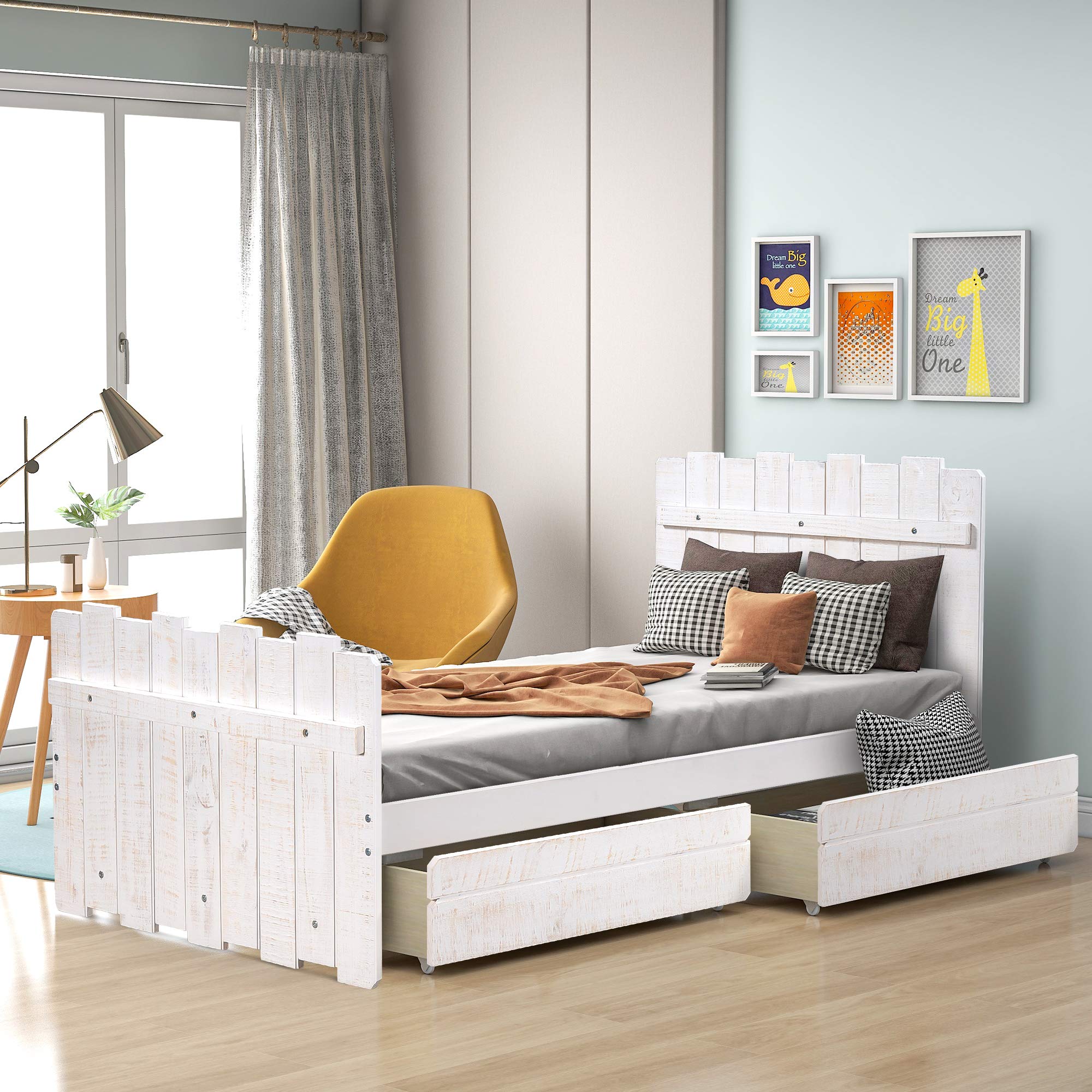 Rustic Twin Size Platform Bed Frame with 2 Drawers - Solid Wood Vintage Fence Headboard & Footboard - No Box Spring Needed - Perfect for Kids, Teens, Juniors & Adults Bedroom (White) - Ideal for Guest Rooms, Dormitories and Cozy Bedroom Decor