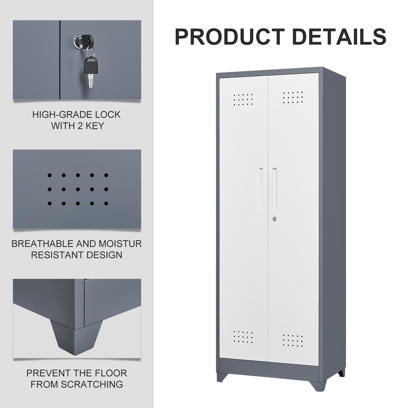 GREATMEET Heavy Duty Metal Storage Cabinet with Adjustable Shelves - Broom Closet Organizer with Pegboard & Hanging Rod - Locking Tall Utility Cabinet for Cleaning Tools - Perfect for Bathroom, Garage, Laundry Room & Mudroom Organization