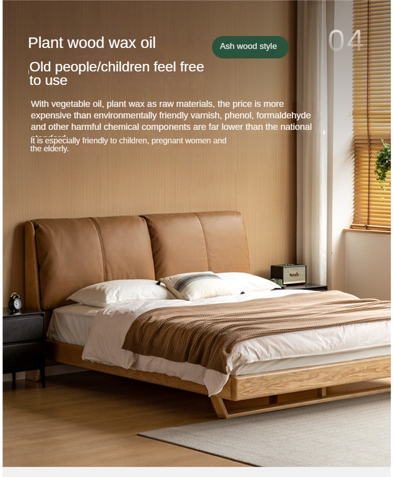 Italian Light Luxury Solid Wood Bed in Oak & Ash with Genuine Leather Upholstery - Perfect for Master Bedrooms, Guest Rooms & Modern Home Decor