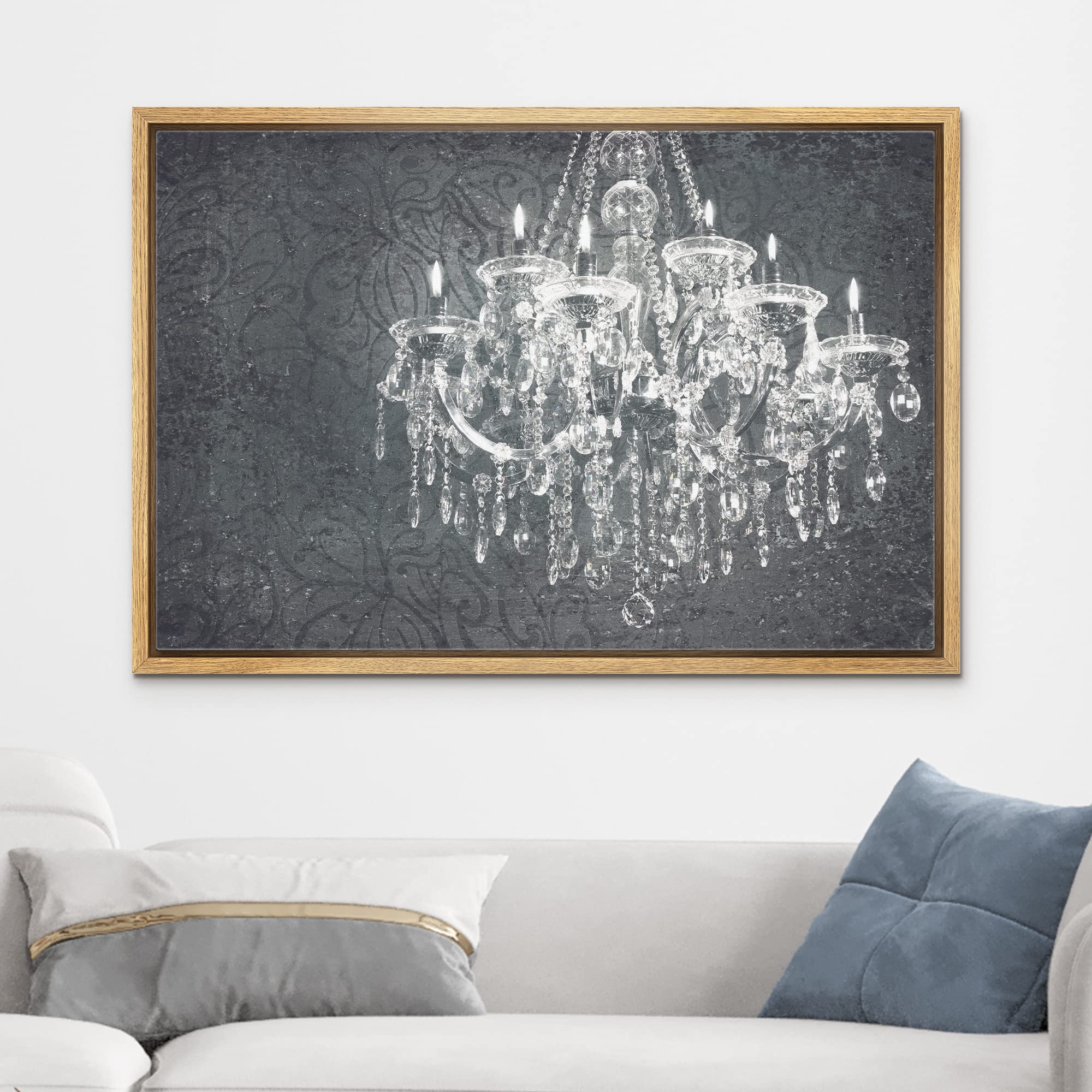 Wall26 Framed Canvas Print - Crystal Chandelier Silhouette Floral Pattern Modern Wall Art for Living Room, Bedroom, Office Decor | 16x24 Inch Natural Wood Frame | Perfect for Home Decor, Wedding Gift & Spa Relaxation
