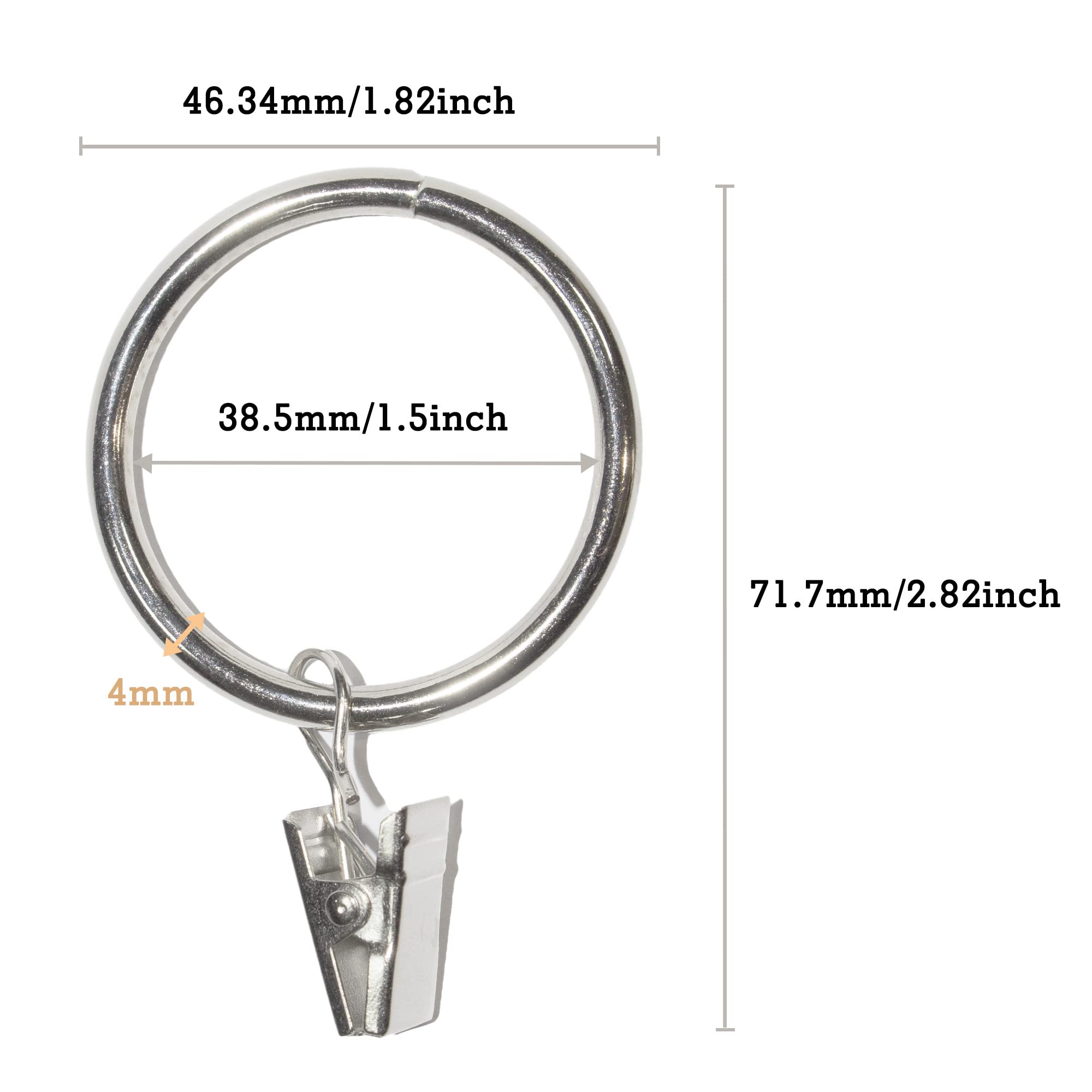 TRMESIA 15 Pack Silver Metal Curtain Rings with Clips - 1.5 Inch Inner Diameter for 1