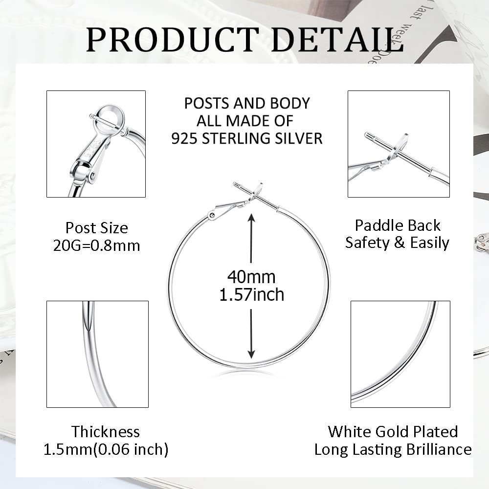 925 Sterling Silver Hoop Earrings for Women - White Gold Plated Thin Huggie Hoops | Lightweight Everyday Jewelry | Perfect for Work, Date Night & Gifts