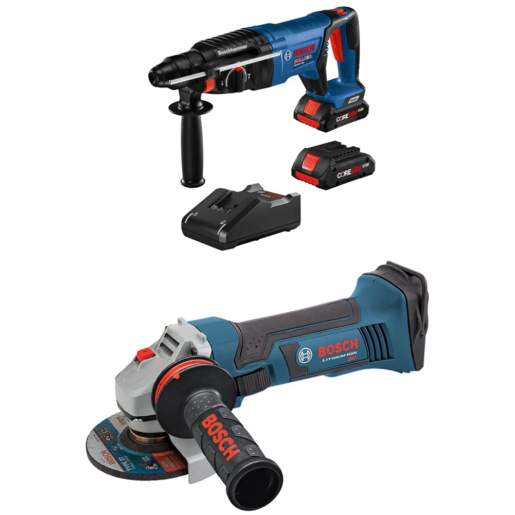 BOSCH GBH18V-26DK25 18V EC Brushless SDS-plus Rotary Hammer & GWS18V-45 18V Angle Grinder Combo Kit - Professional Cordless Power Tools for Concrete Drilling, Metal Cutting & Construction Work