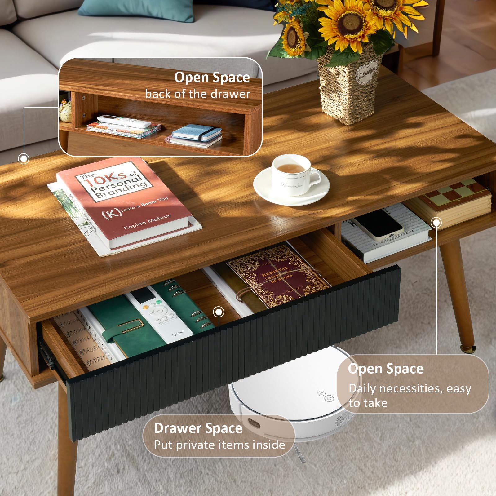Artswish Mid Century Modern Coffee Table with Drawer & Open Storage - Walnut Wood Living Room Table for Home Decor | Perfect for Small Spaces, Apartments & Cozy Living Rooms