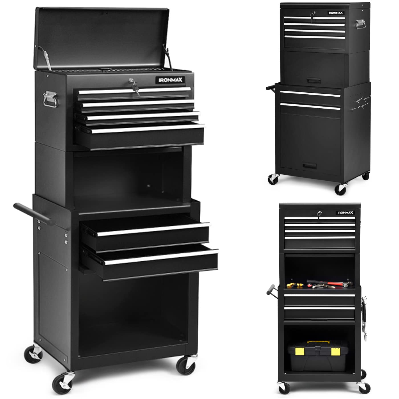 ERGOMASTER Rolling Tool Chest - Heavy Duty 6-Drawer Black Tool Box with Removable Top Box, Large Bottom Cabinet, Lock System & Smooth Casters | Perfect for Garage Organization, Auto Repair Shops & DIY Projects