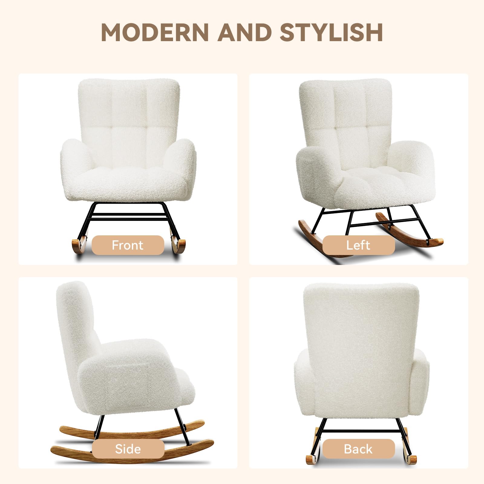 LUCKLIFE White Teddy Upholstered Glider Rocker Chair - High Backrest Nursery Rocking Chair with Side Pockets, Modern Accent Reading Chair for Living Room, Bedroom, Nursery (Without Ottoman) | Perfect for Nursing, Relaxing & Baby Room Decor