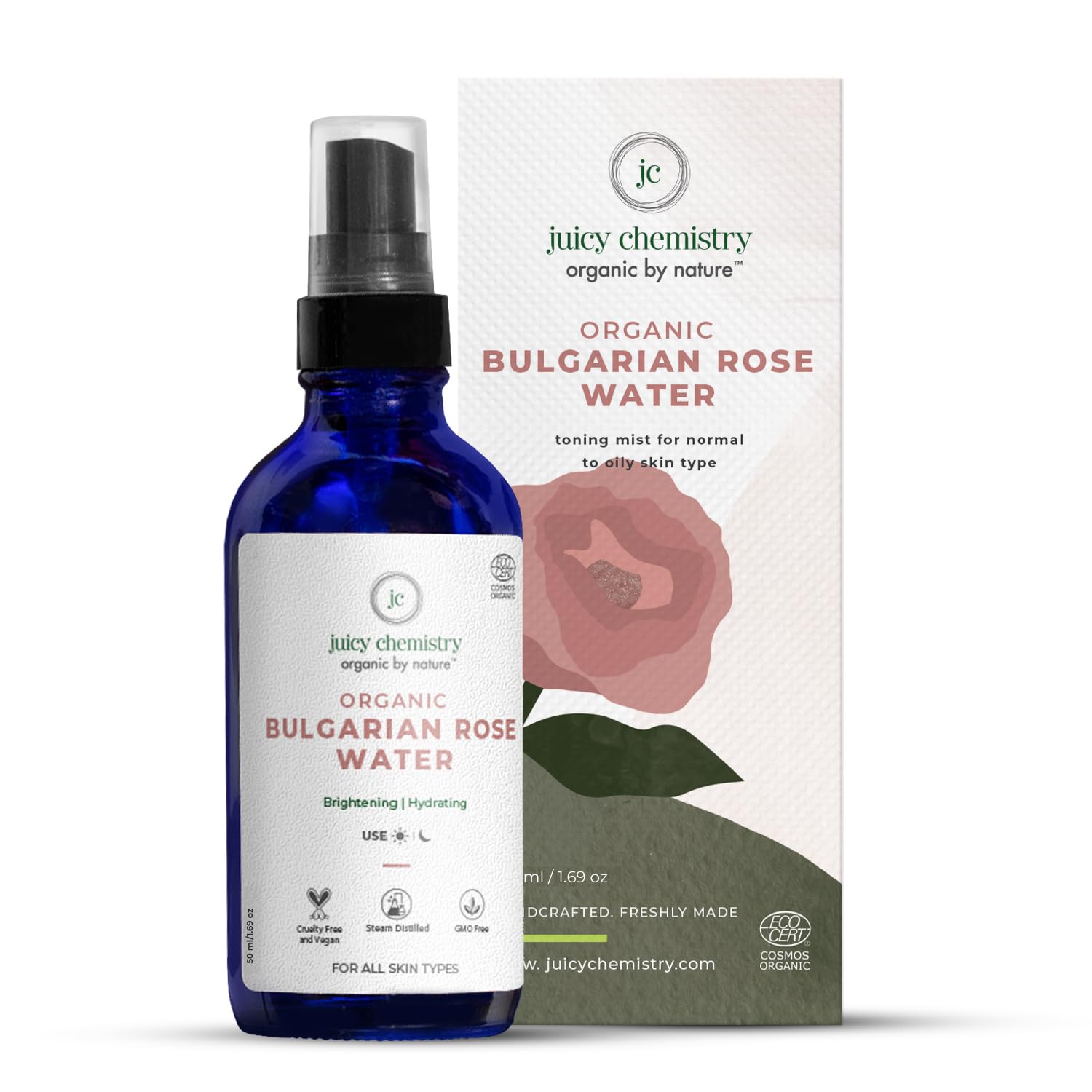 Juicy Chemistry Organic Rose Water (Hydrosol) 50ml - Bulgarian Damask Rose Facial Toner for Glowing, Hydrated Skin | Alcohol-Free, Clinically Tested | Perfect for Daily Skincare Routine & Post-Workout Refreshment