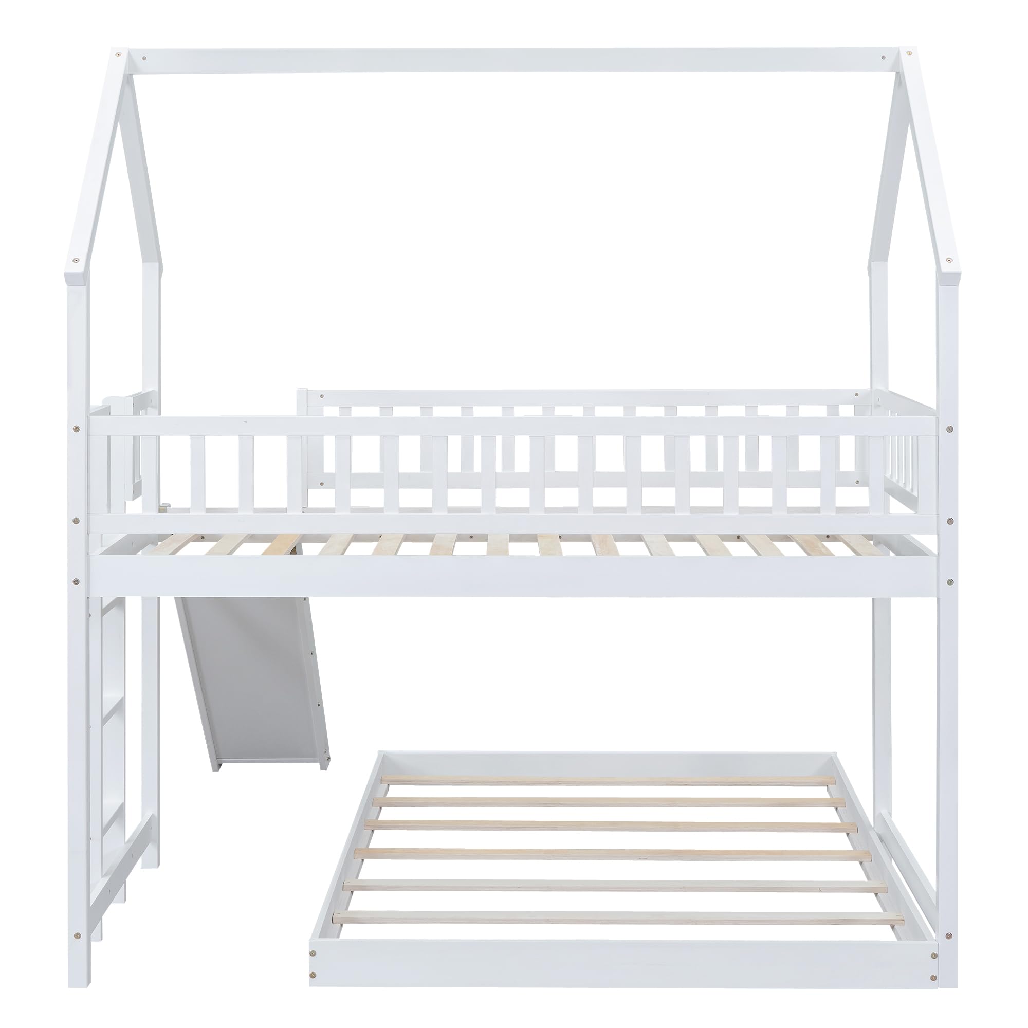 Wooden Twin Over Full Bunk Bed with Slide - Kids House Style Bunk Bed with Roof for Boys & Girls Bedroom - No Box Spring Needed - White - Perfect for Small Spaces & Sleepovers