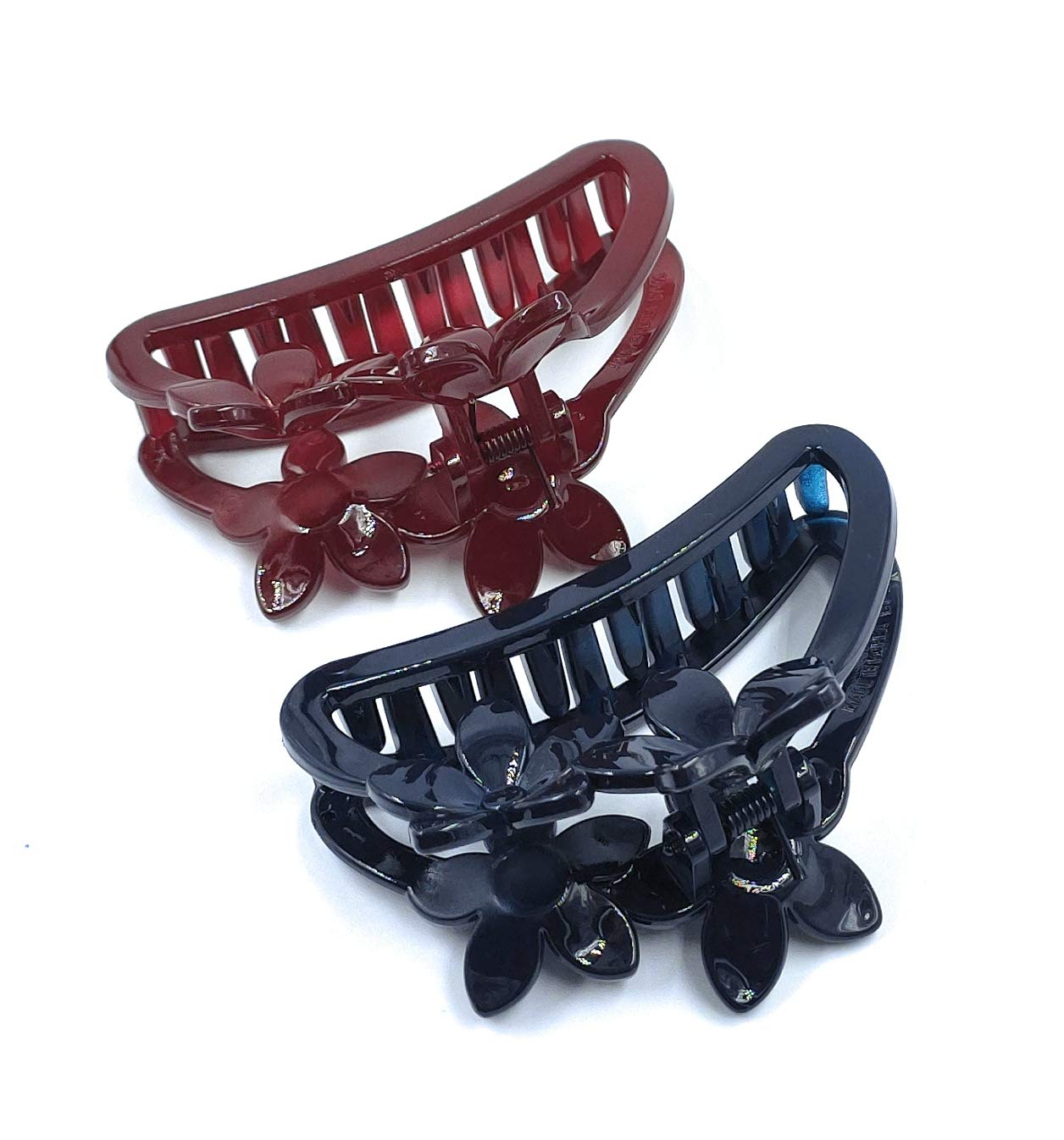 Korean D-Shape Floral Hair Clips for Women & Girls - High Grip Hair Claw Clutcher (Set of 2, 9cm, Red & Navy Blue) | Perfect for School, Work, Weddings & Everyday Hairstyles