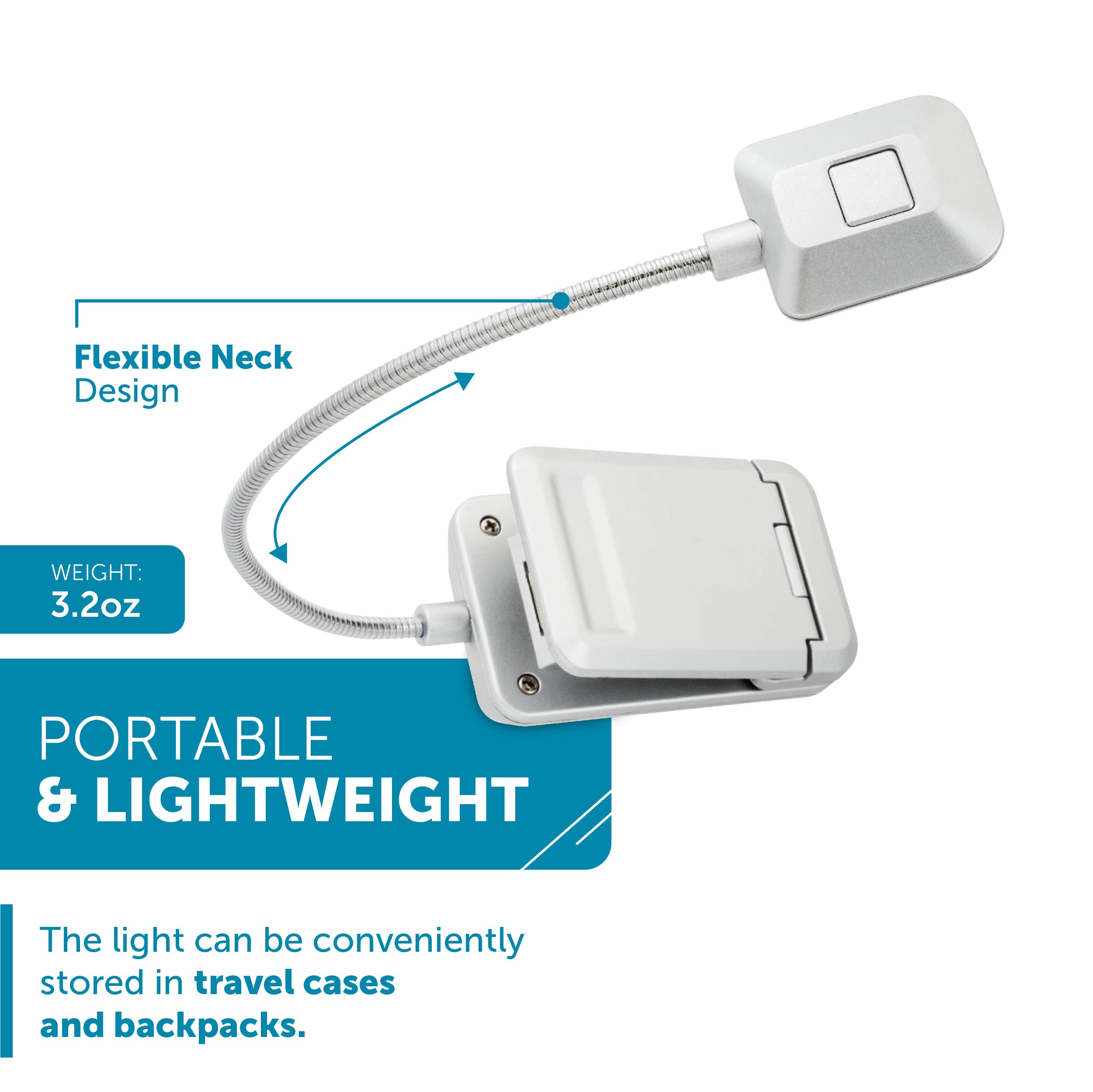 WITHit Quad Clip On Book Light - Silver - Adjustable LED Reading Light for Books & eBooks, Dimmable Brightness, Portable Bookmark Light for Adults (Batteries Included) - Perfect for Night Reading, Studying, Travel & Bedtime Use