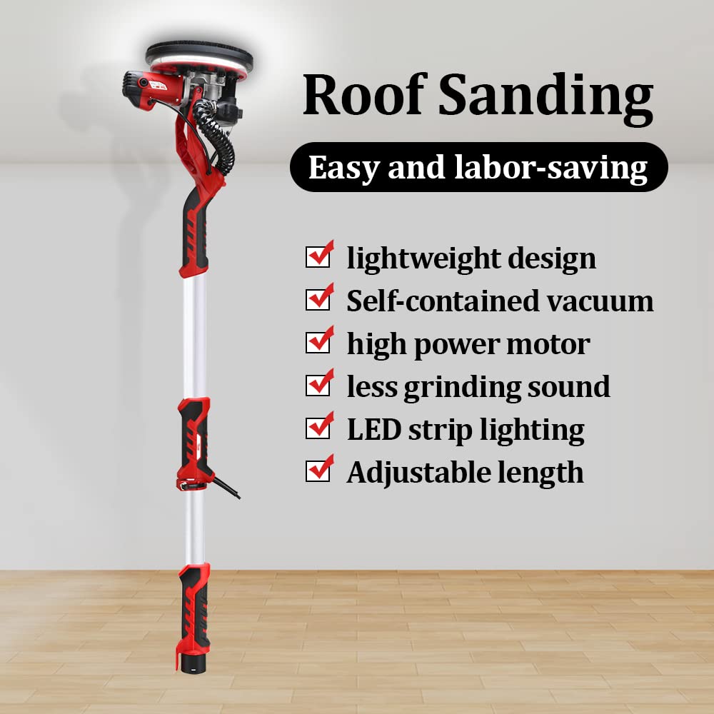 1250W Electric Drywall Sander with Dust-Free Vacuum System - 5 Variable Speed, Double-Deck LED Lights, Includes 12 Sanding Discs - Perfect for Home Renovation, Wall Repair & Professional Construction Projects