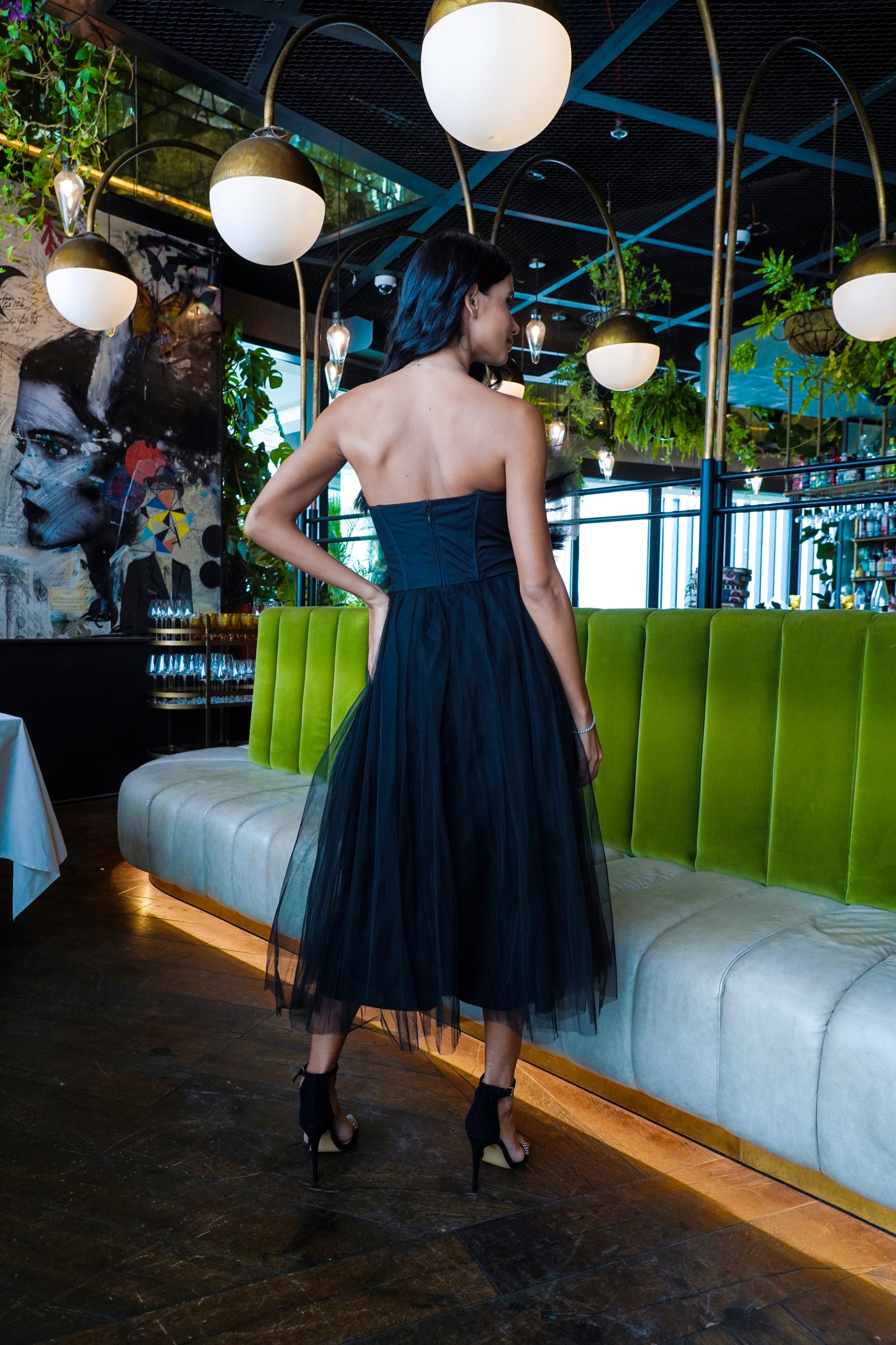 Elegant Black Tulle Midi Dress with Butterfly Design - Perfect for Cocktail Parties, Weddings & Evening Events