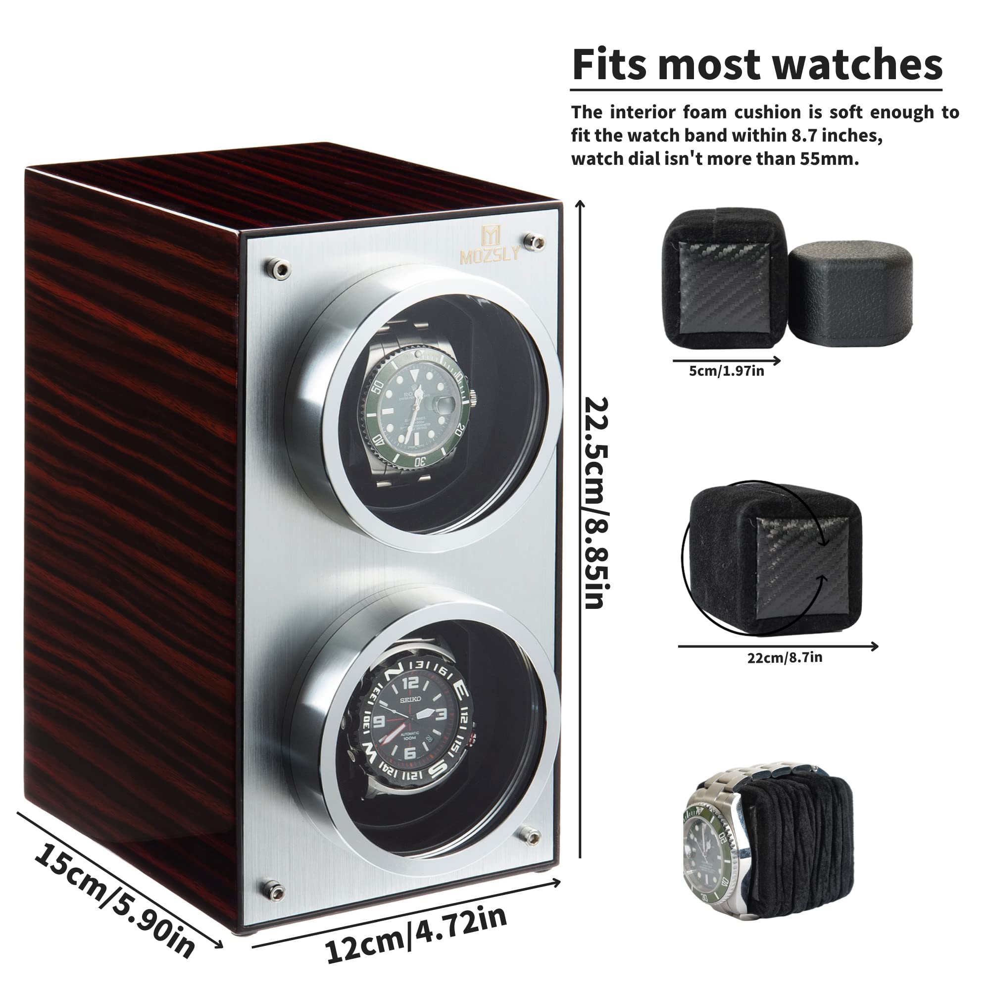 MOZSLY Double Automatic Watch Winder - Quiet Self-Winding Box with 12 Rotation Modes & Elegant Piano Finish - Perfect for Watch Collectors, Luxury Timepiece Storage, and Display Cases for Home or Office