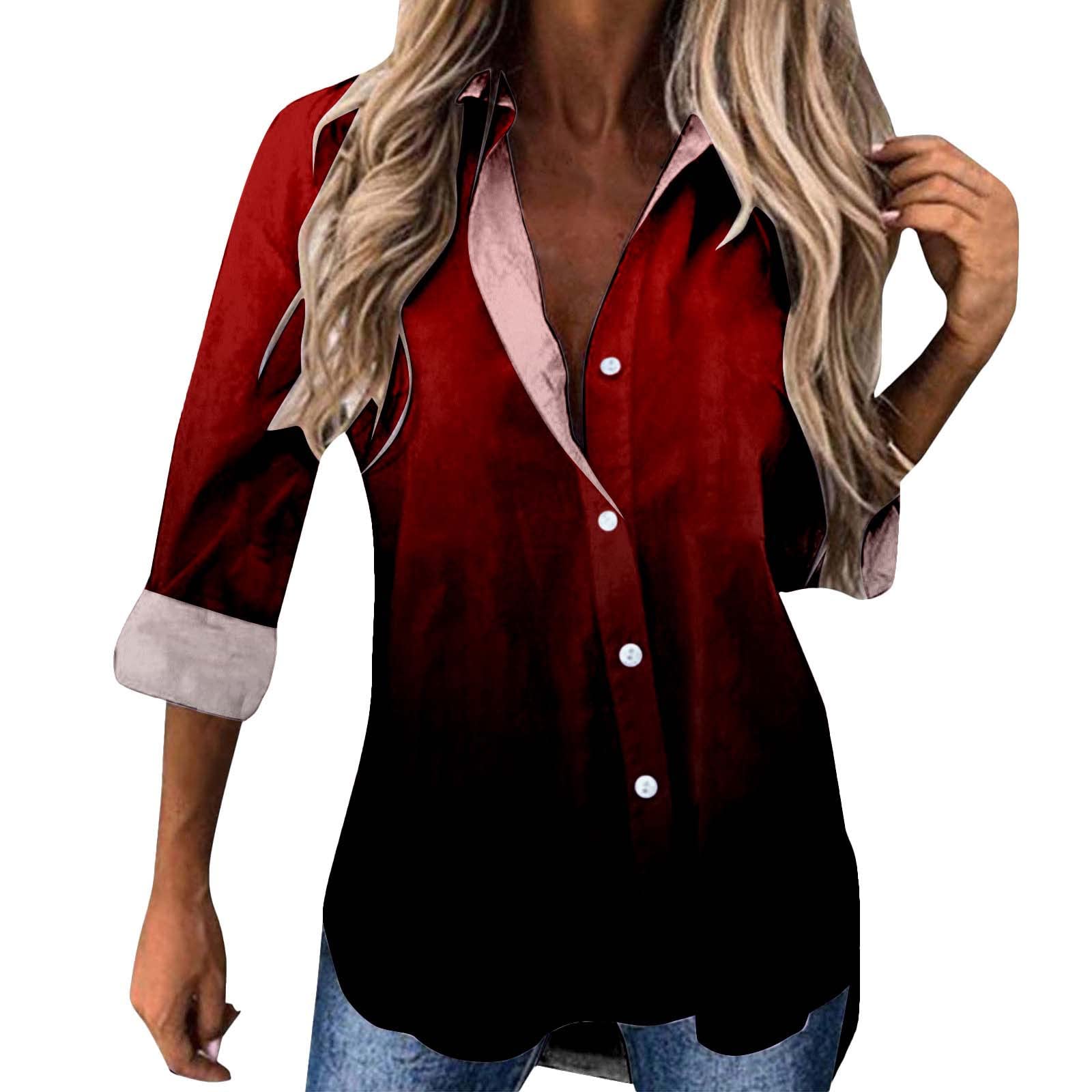 Brand Women's Lapel Long Sleeve Shirt - Colorful Gradient Print 7 Up T-Shirt (Red) | Casual Office Wear & Street Fashion Outfit