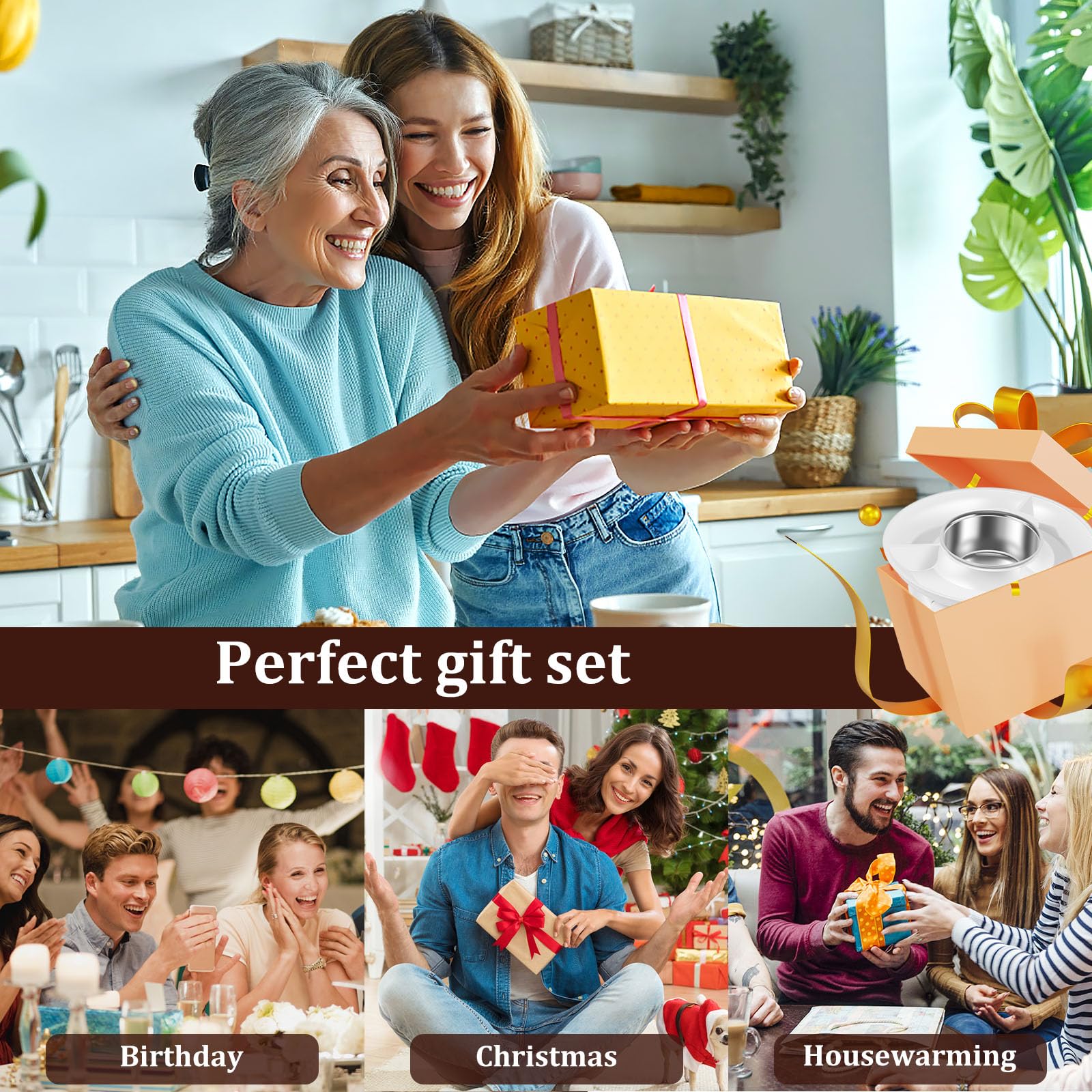 Electric S'mores Maker Kit - Indoor Tabletop Smores & Chocolate Fondue Set with Removable Melting Pot, Fruit Plate & Forks, 2 Temp Settings for Caramel, Cheese & Marshmallows - Perfect for Parties, Camping & Family Gatherings