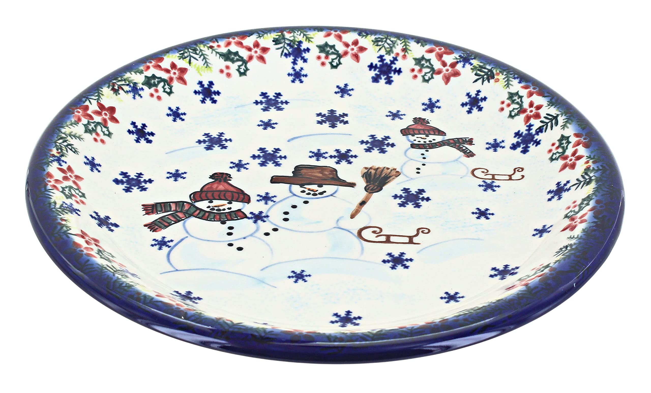 Handmade Blue Rose Polish Pottery Snowflake Friends Dinner Plate - Elegant Ceramic Dish for Holiday Gatherings, Christmas Dinner & Special Occasions