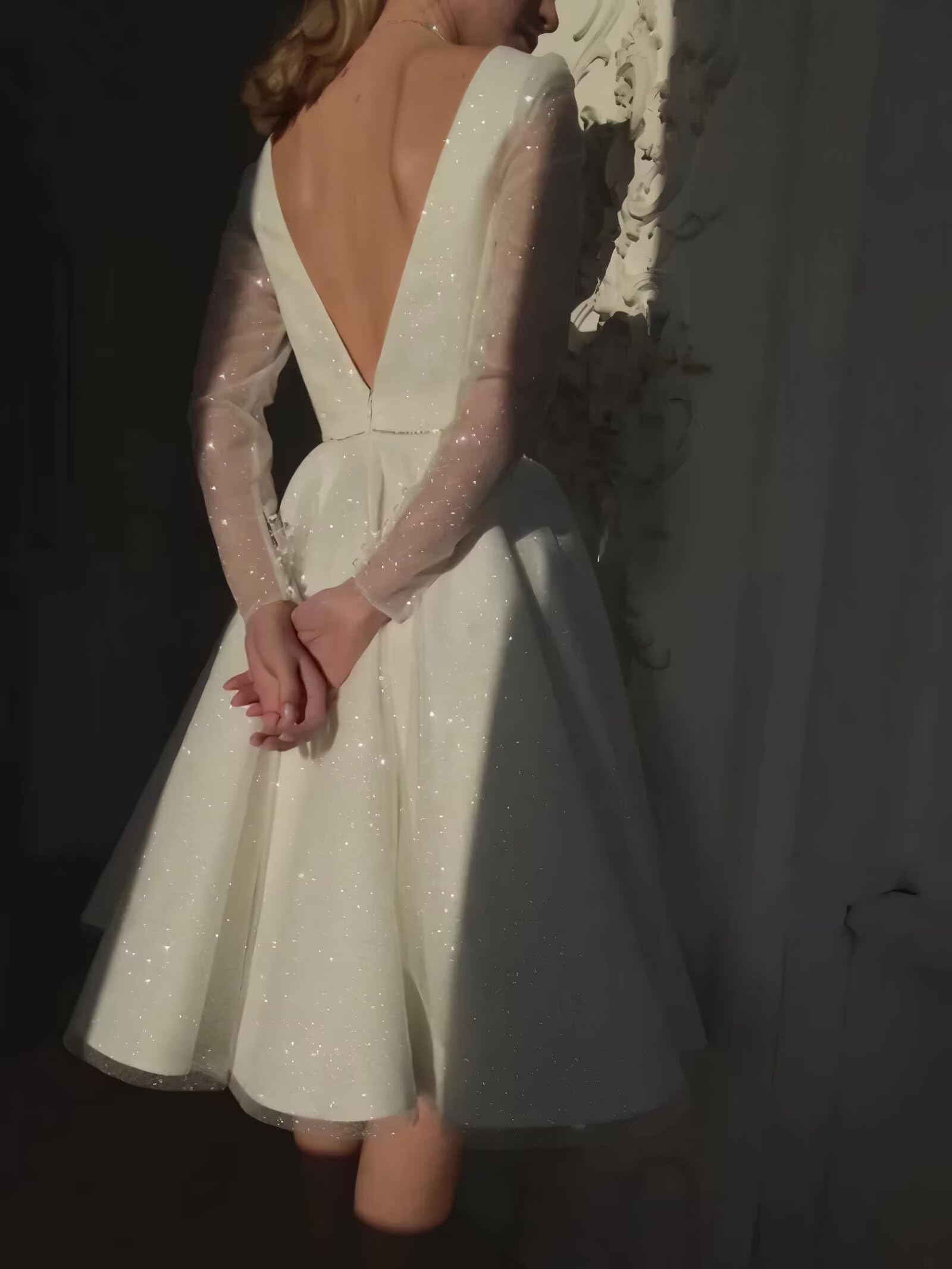 Elegant A-Line Satin Wedding Dress with Sparkly Tulle Long Sleeves | Knee-Length Beach Wedding Gown for Bride | Perfect for Beach, Garden & Destination Weddings