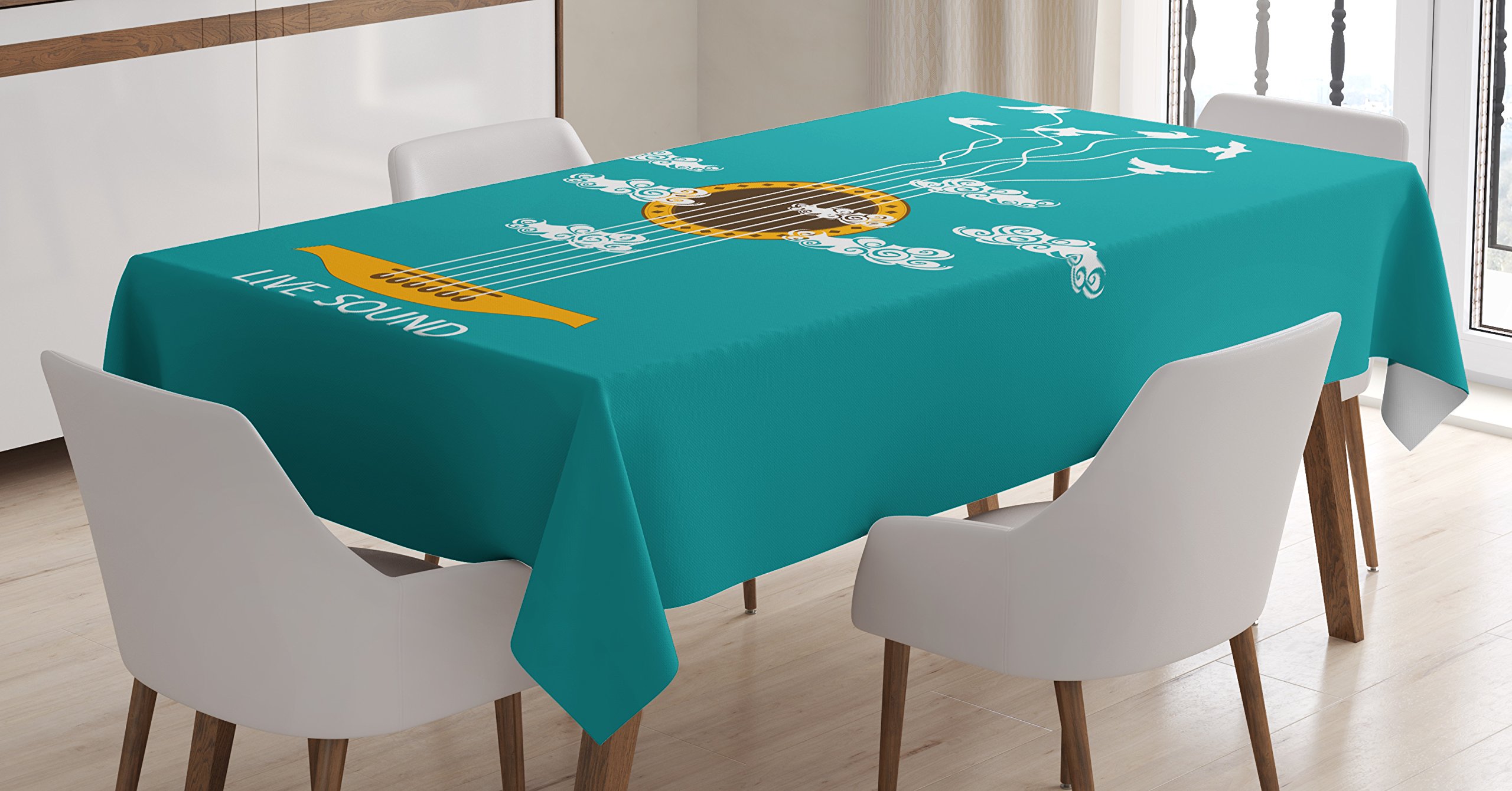 Ambesonne Guitar Tablecloth - Abstract Music Theme with Birds on Strings & Clouds Design - 60x84 Inch Rectangular Table Cover for Dining Room & Kitchen - Turquoise Marigold White - Perfect for Music Lovers' Dinner Parties & Themed Decor