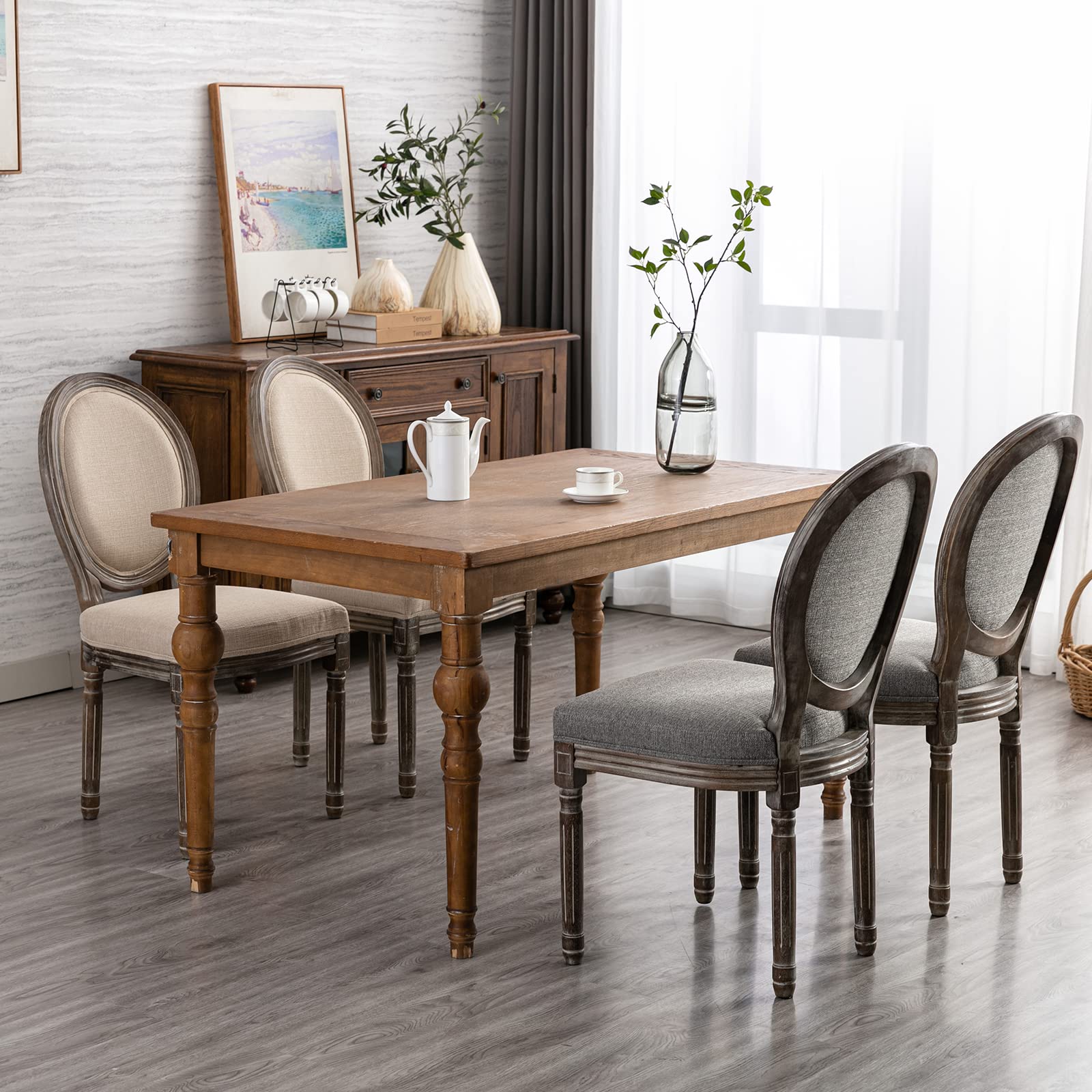 Guyou 4-Piece Upholstered Dining Chairs Set - Distressed Driftwood French Country Vintage Style with Round Fabric Back, Grey - Perfect for Kitchen, Dining Room & Living Room Accent Seating